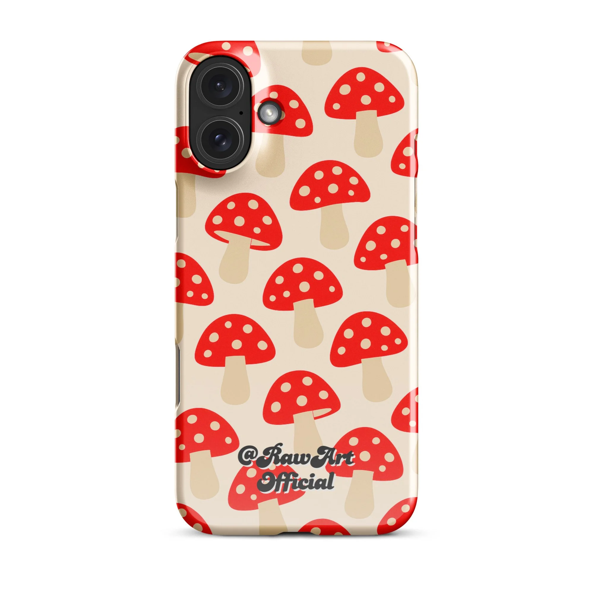 Beige iPhone case with red mushroom pattern, retro fungi design.