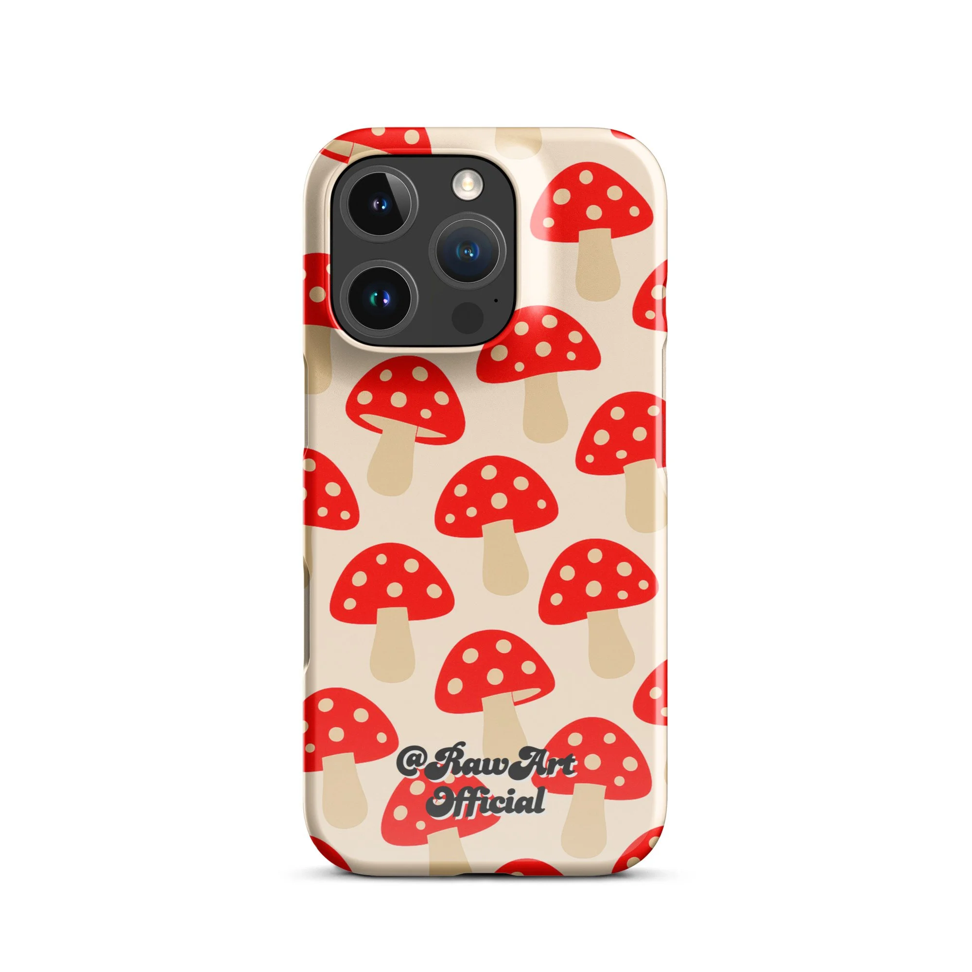 Beige iPhone case with red mushroom pattern, retro fungi design.