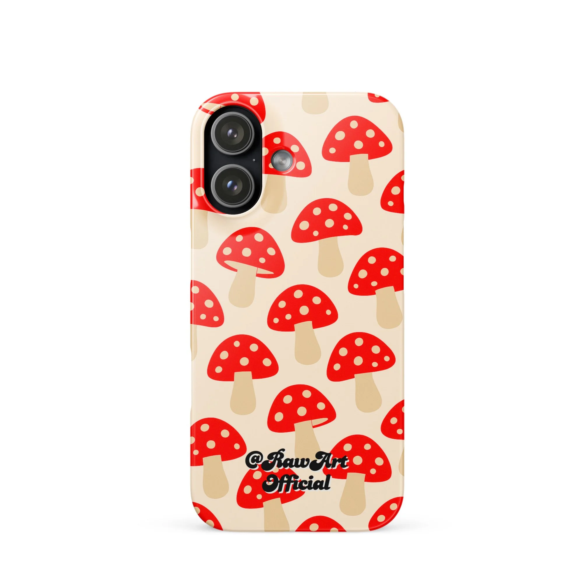 Beige iPhone case with red mushroom pattern, retro fungi design.