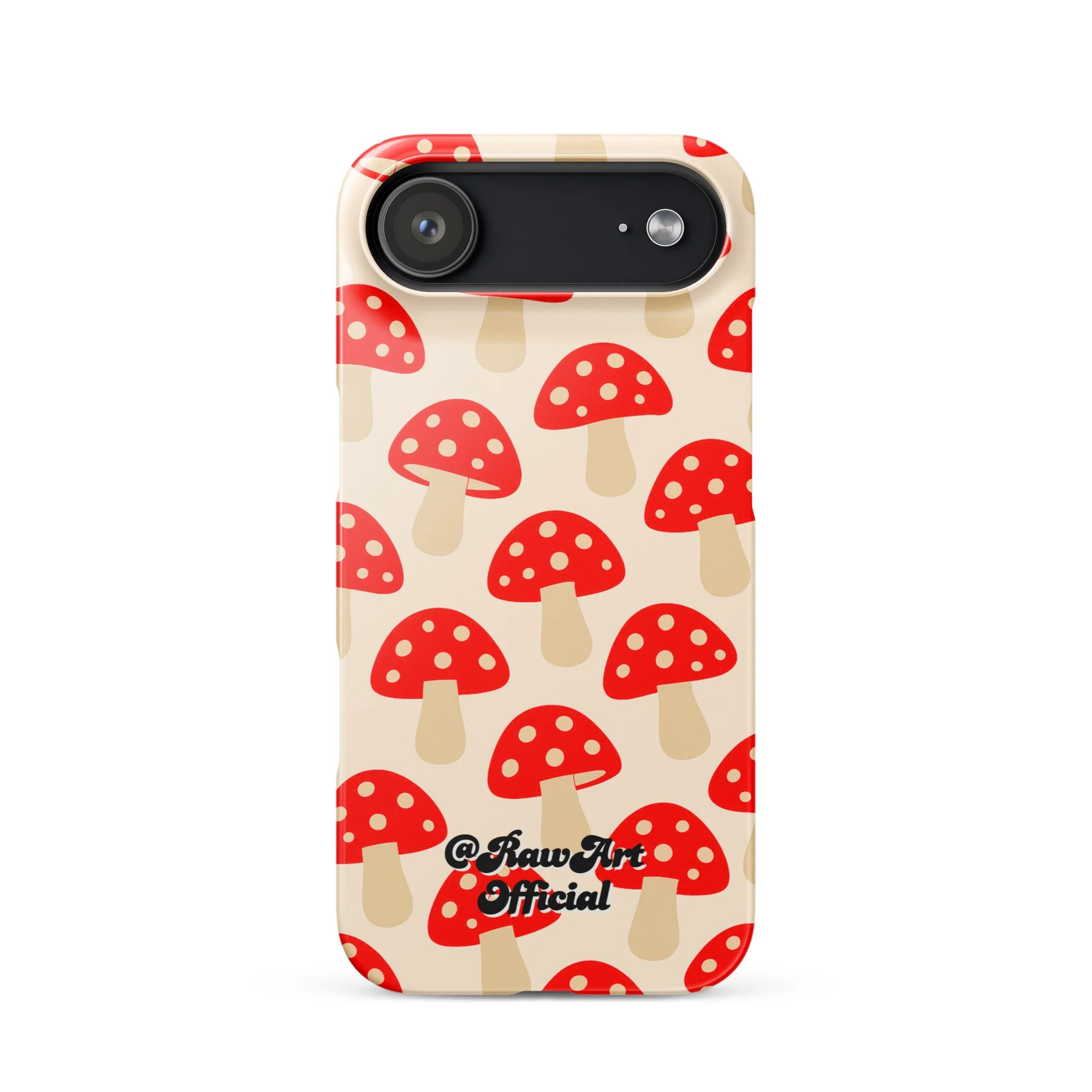 Beige iPhone case with red mushroom pattern, retro fungi design.