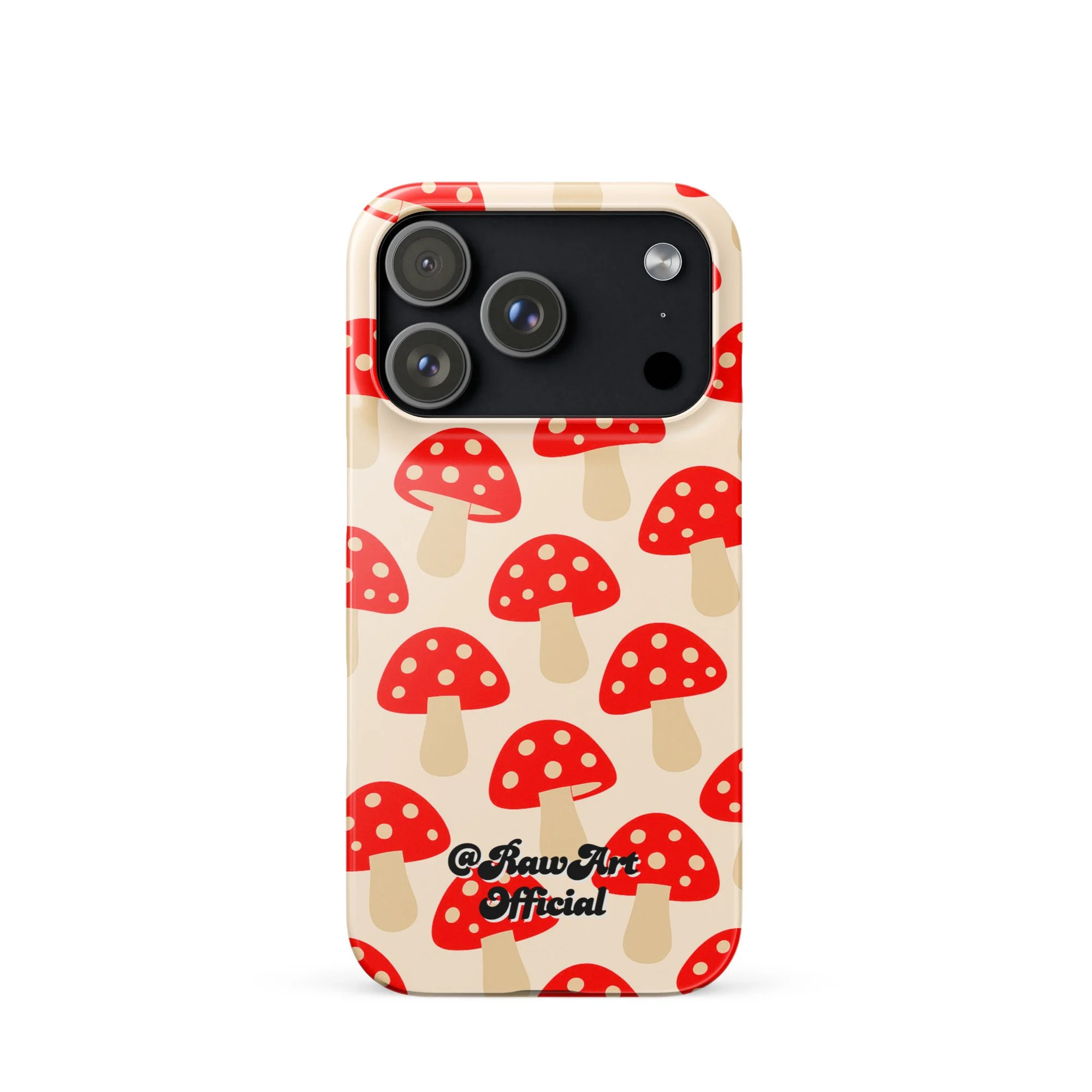 Beige iPhone case with red mushroom pattern, retro fungi design.