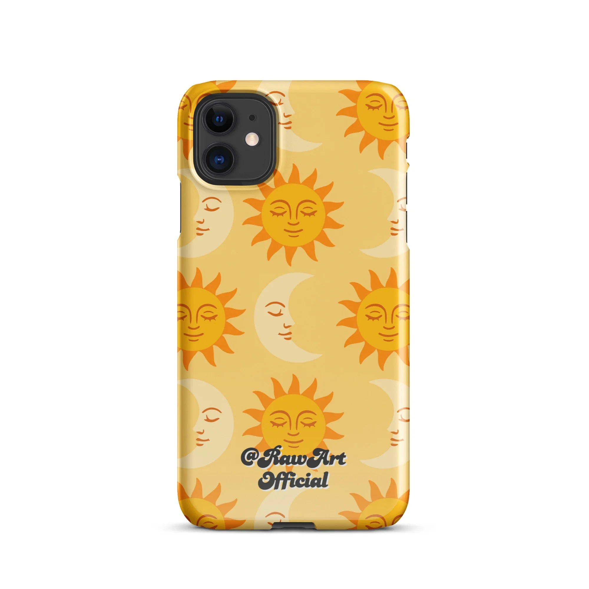 Golden iPhone case with retro sun and moon pattern, celestial design.
