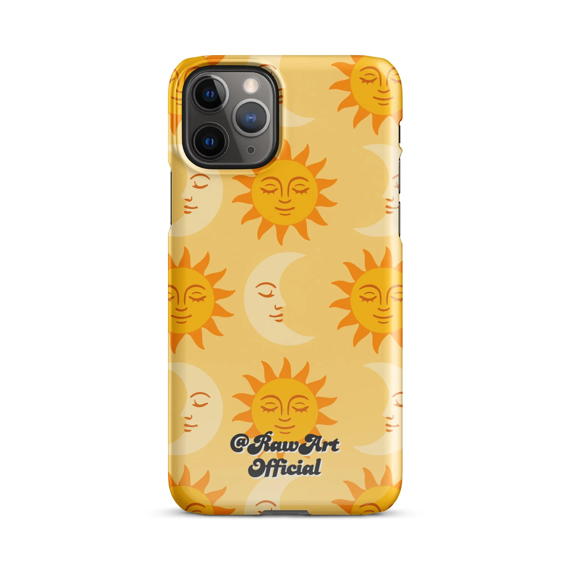 Golden iPhone case with retro sun and moon pattern, celestial design.