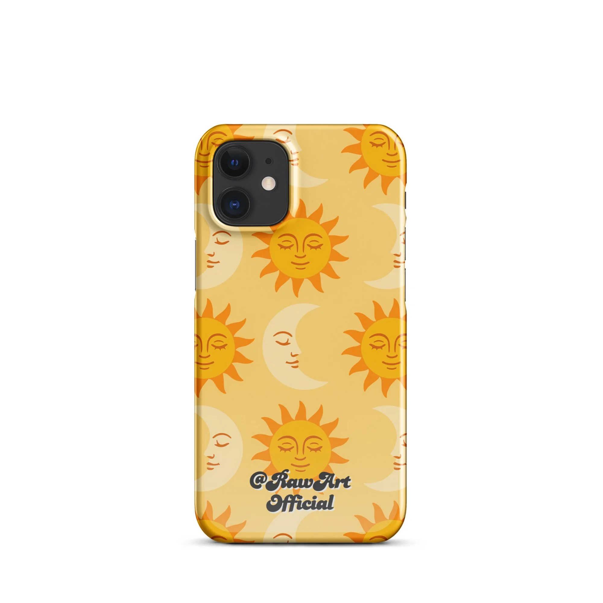 Golden iPhone case with retro sun and moon pattern, celestial design.