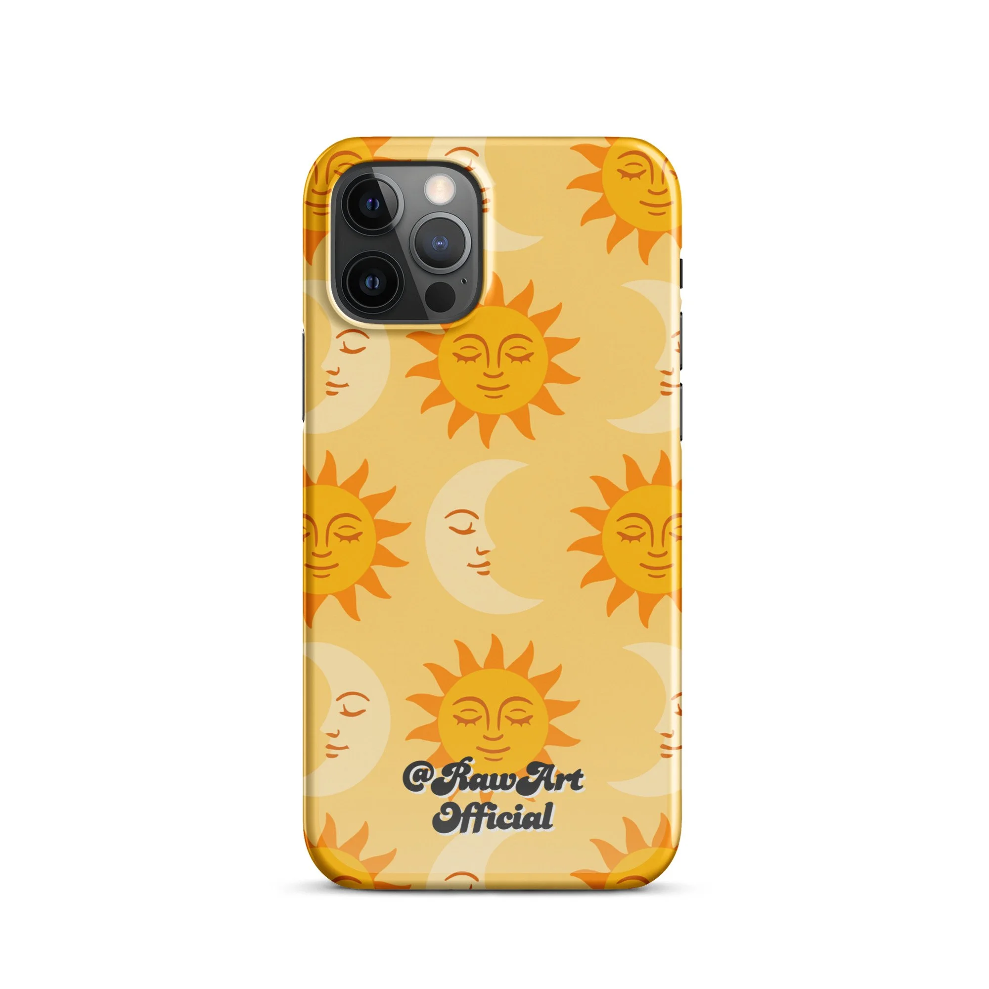 Golden iPhone case with retro sun and moon pattern, celestial design.