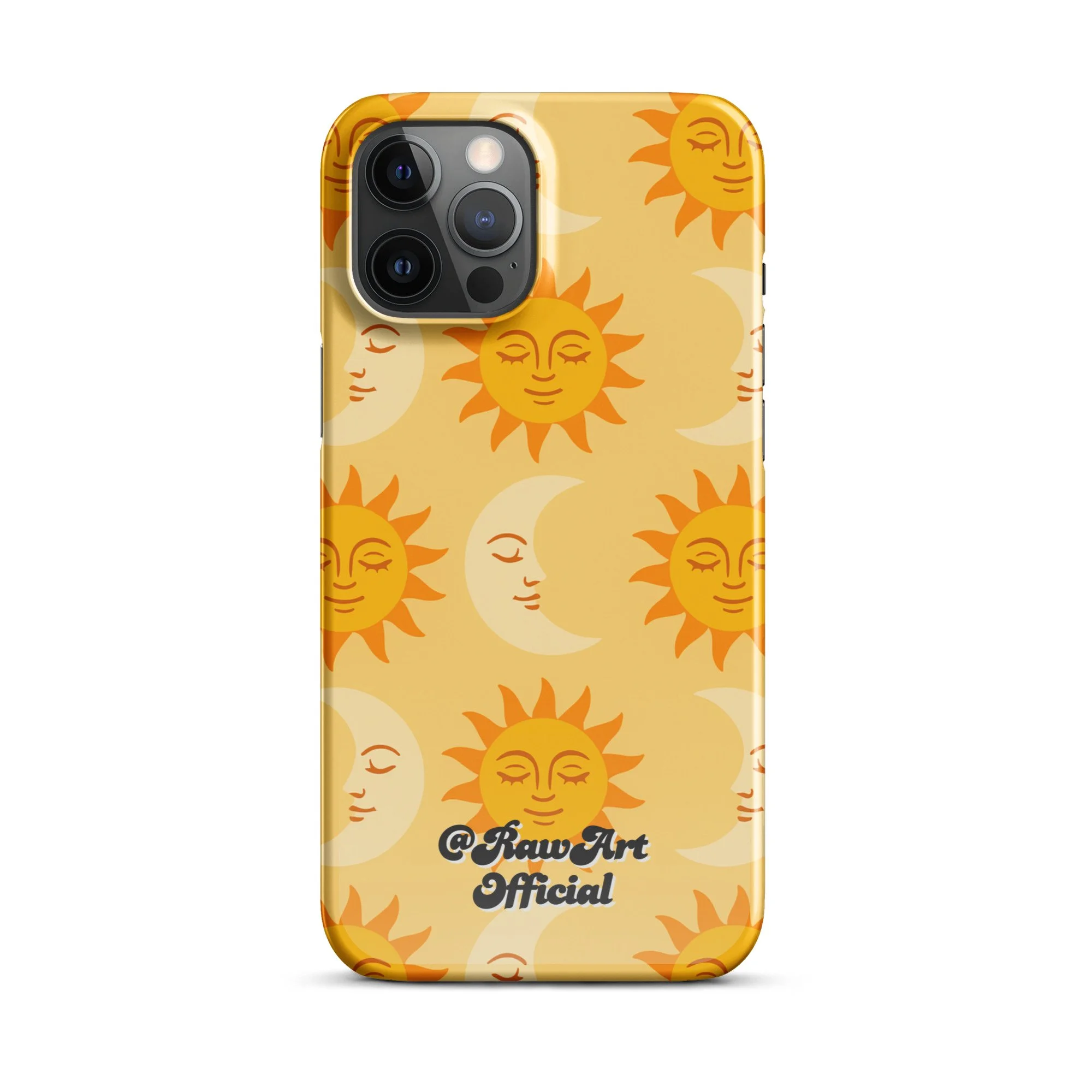 Golden iPhone case with retro sun and moon pattern, celestial design.