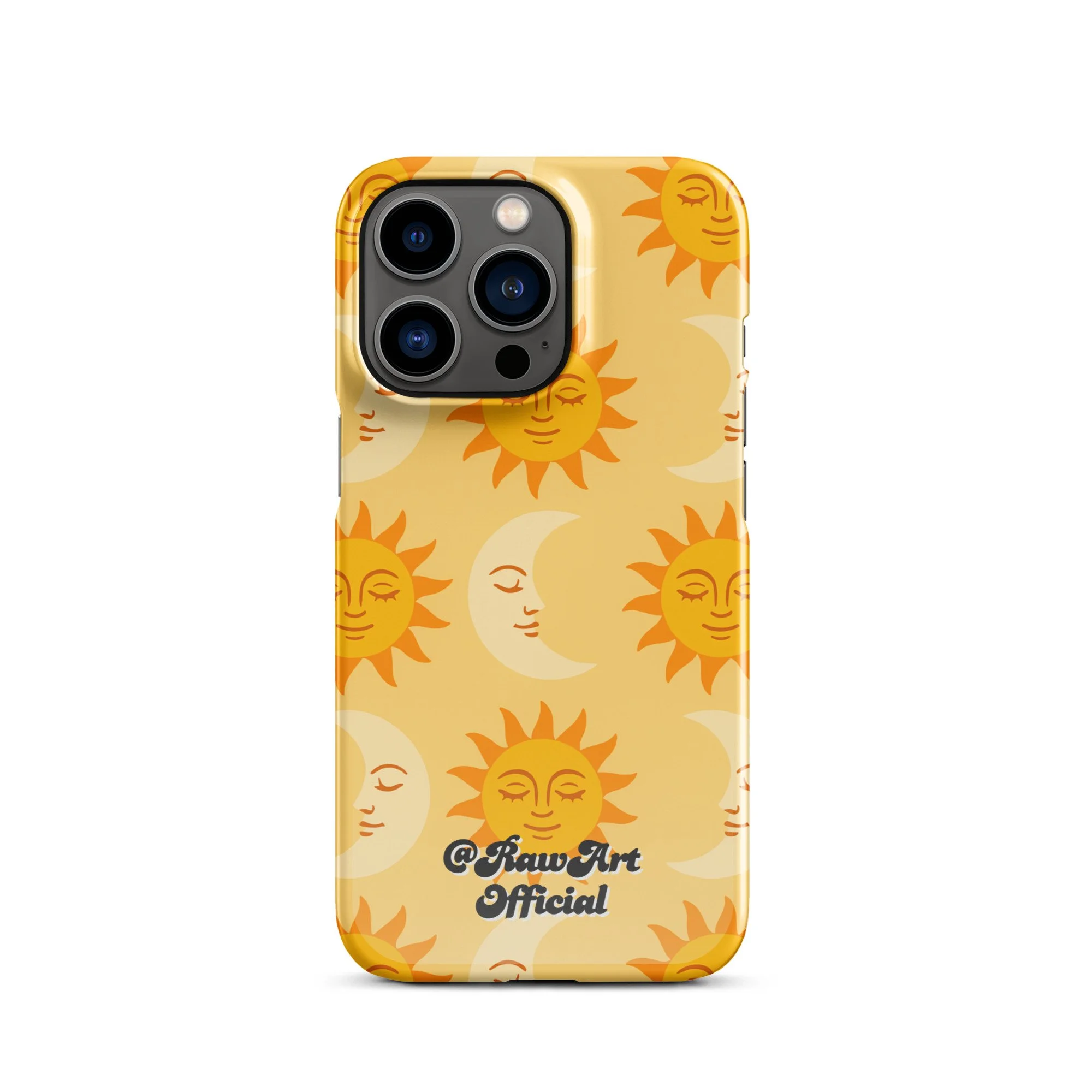 Golden iPhone case with retro sun and moon pattern, celestial design.