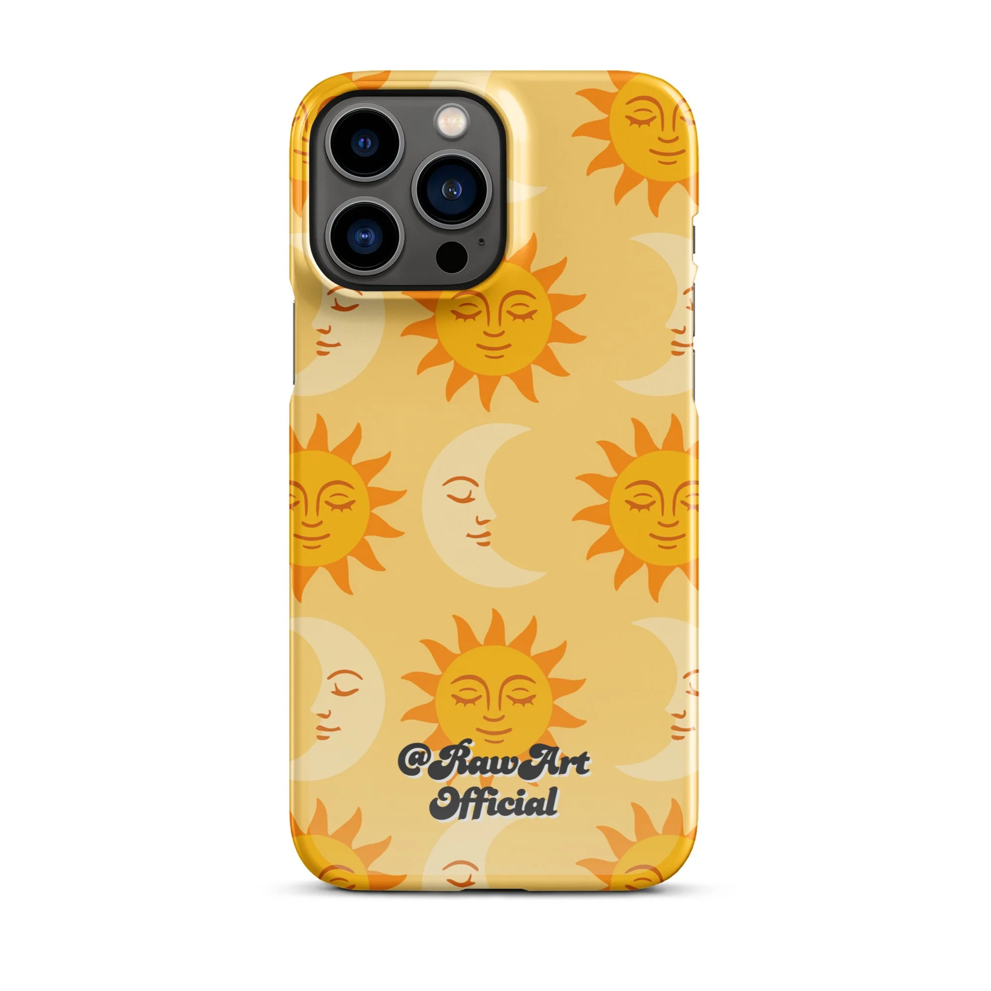 Golden iPhone case with retro sun and moon pattern, celestial design.
