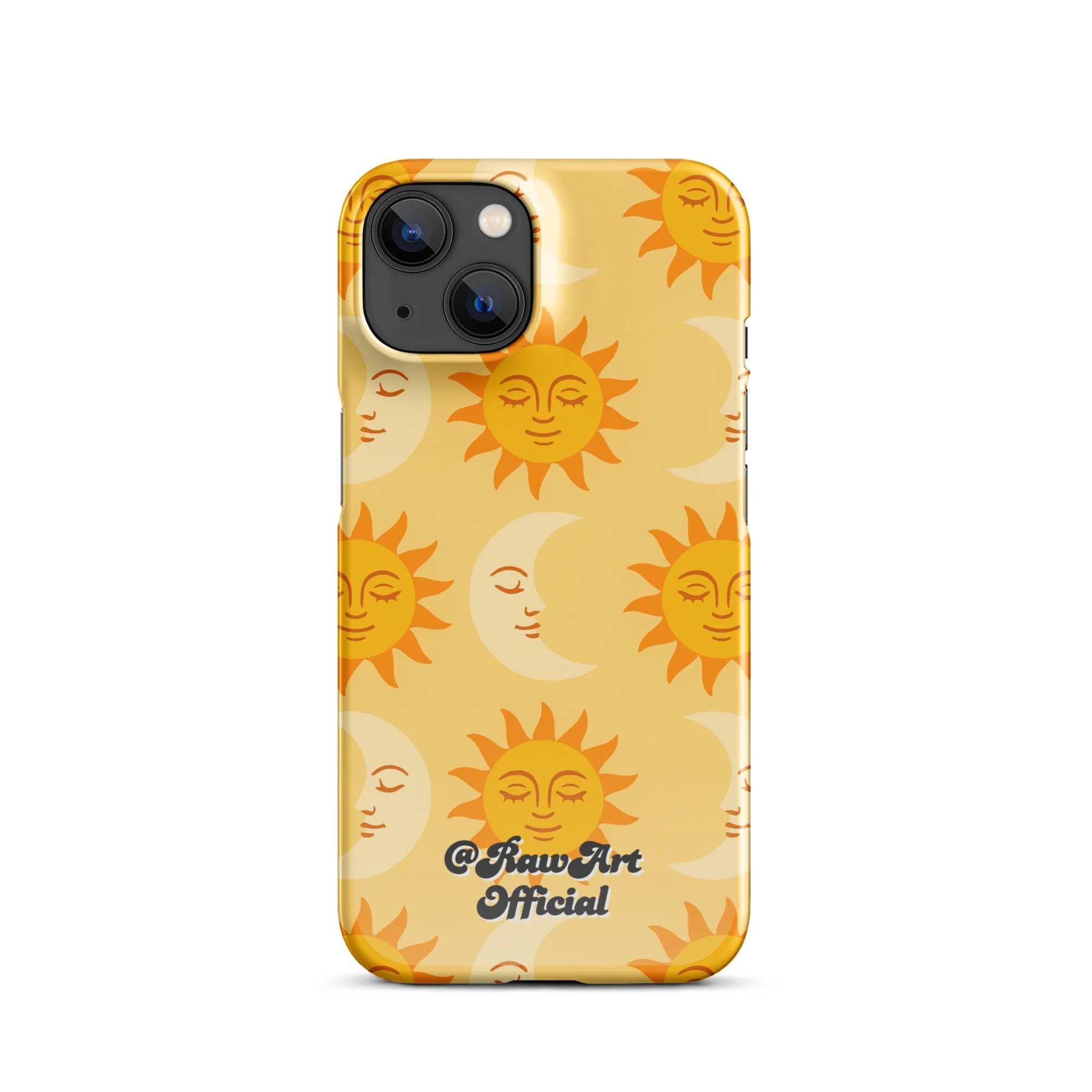 Golden iPhone case with retro sun and moon pattern, celestial design.