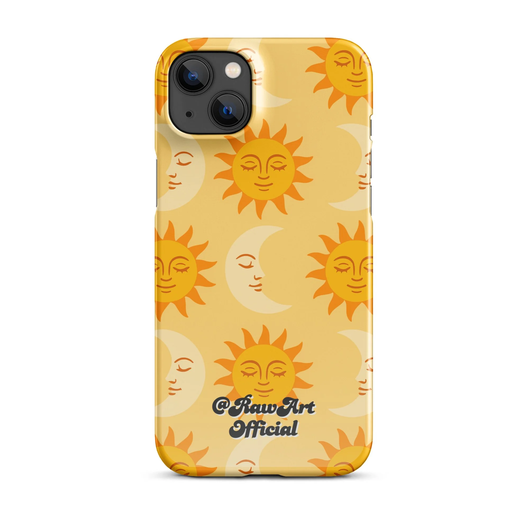 Golden iPhone case with retro sun and moon pattern, celestial design.