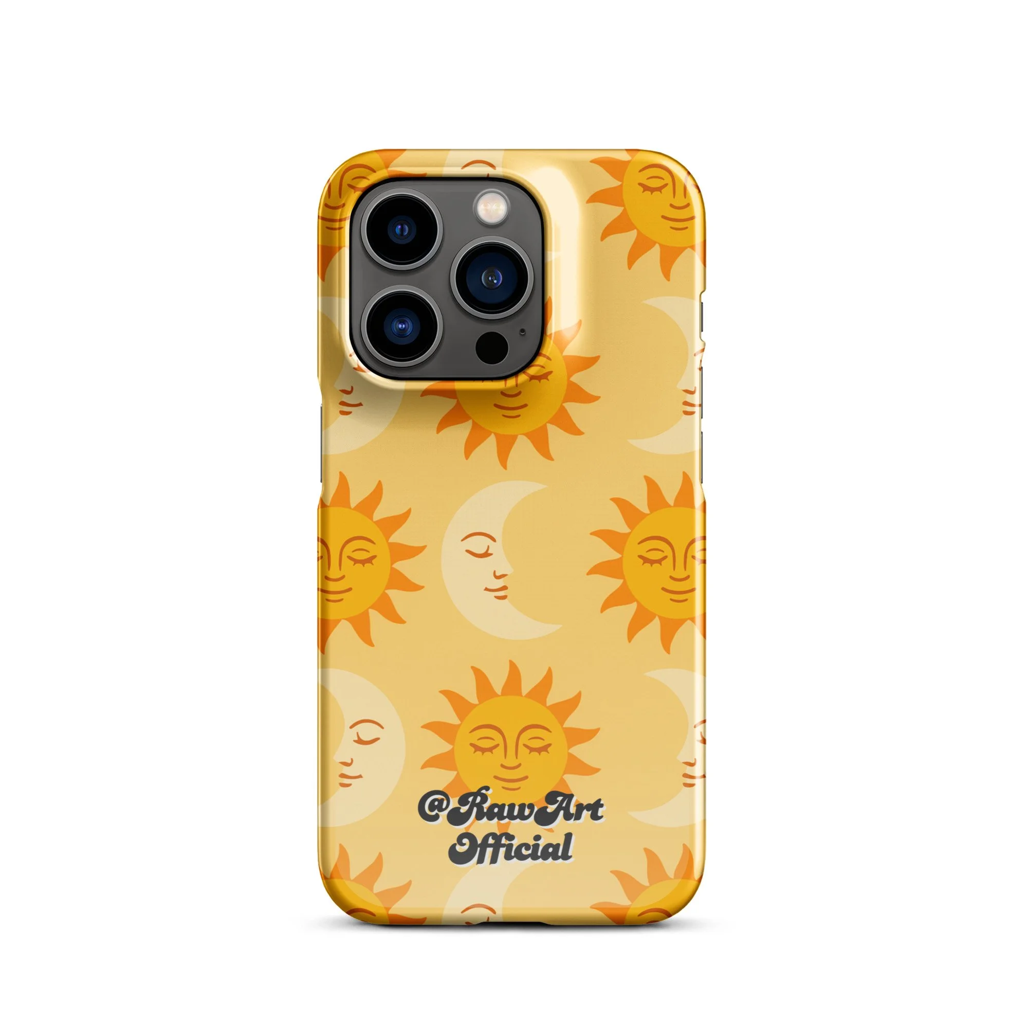 Golden iPhone case with retro sun and moon pattern, celestial design.
