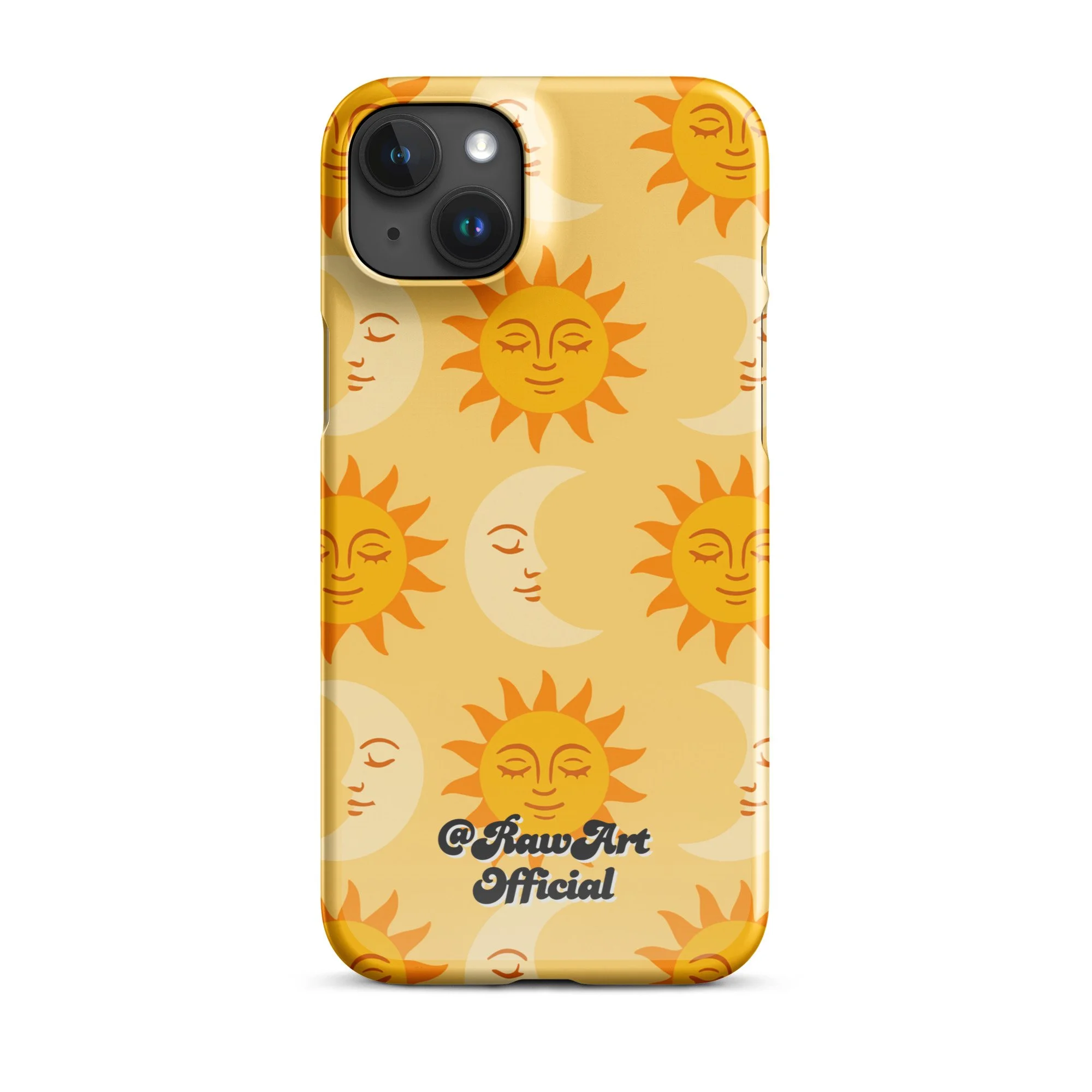Golden iPhone case with retro sun and moon pattern, celestial design.