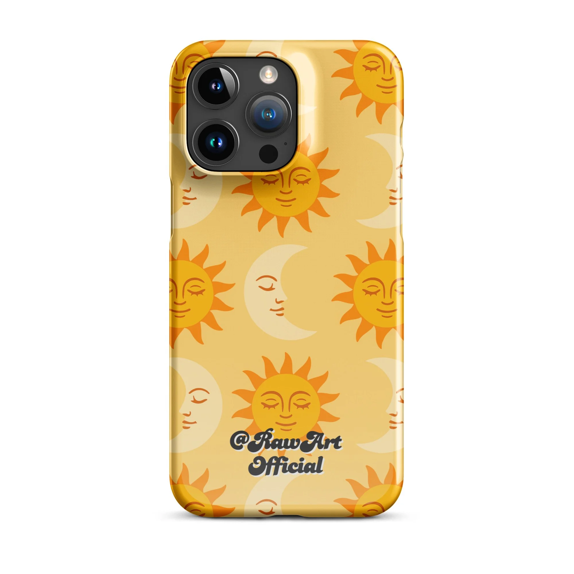 Golden iPhone case with retro sun and moon pattern, celestial design.