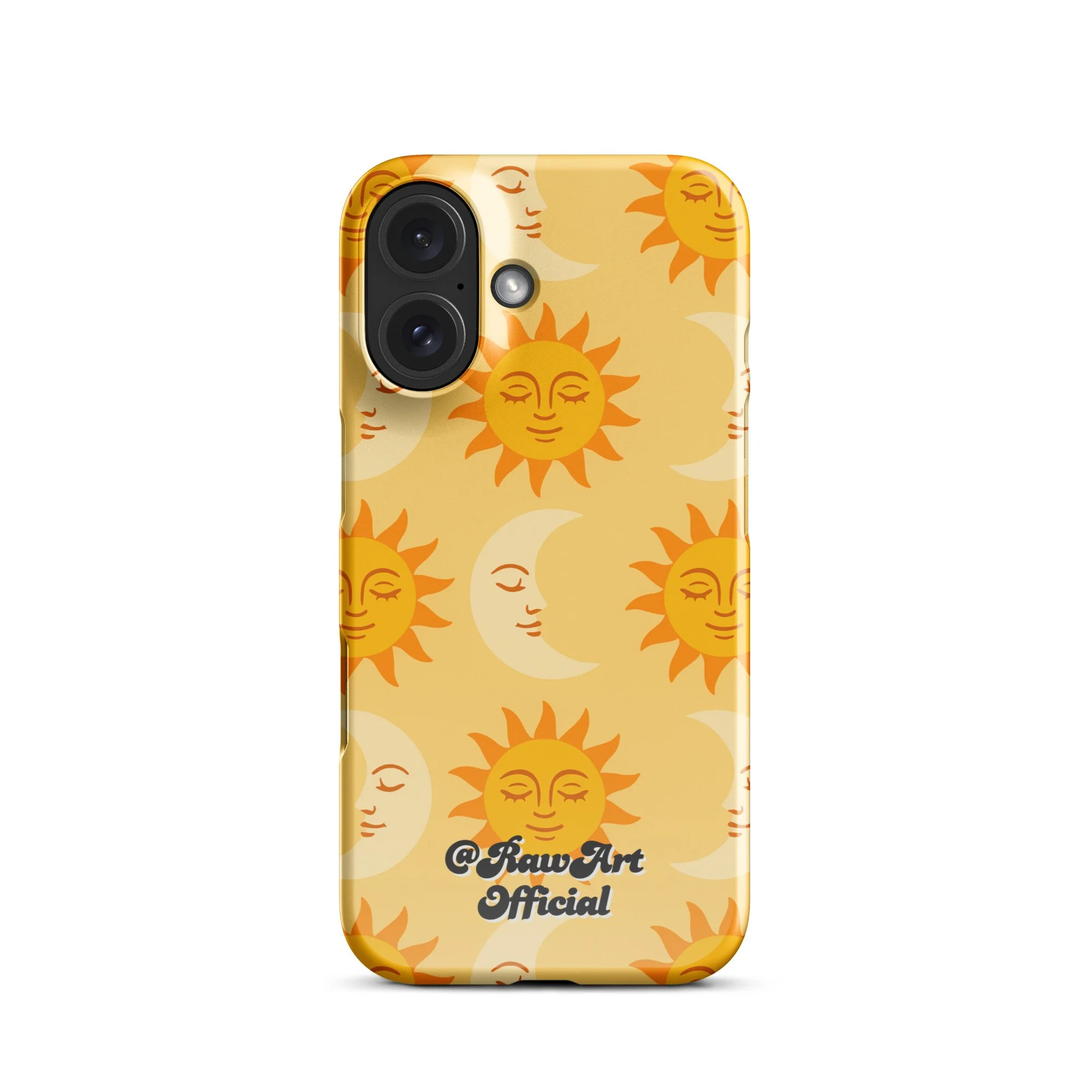 Golden iPhone case with retro sun and moon pattern, celestial design.