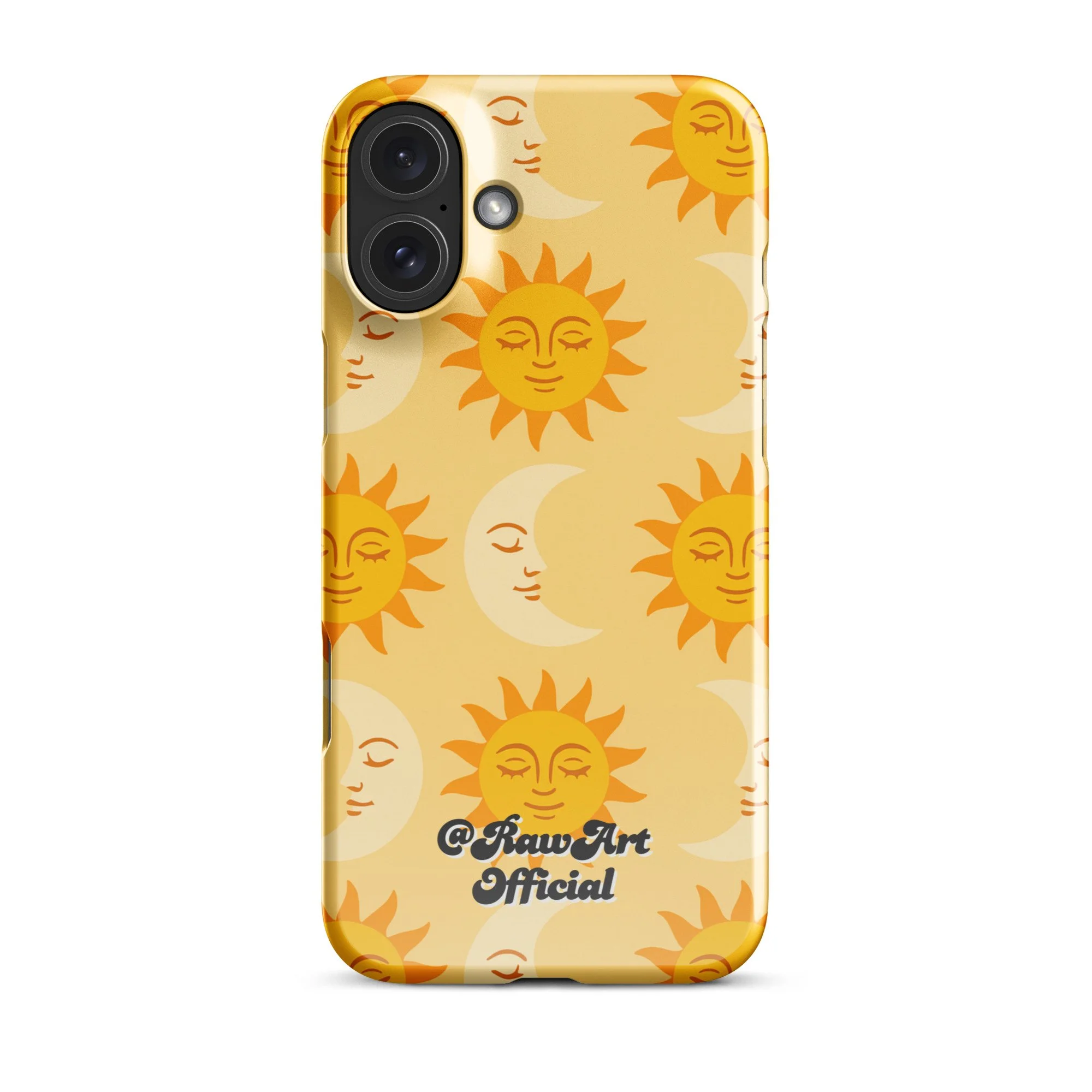 Golden iPhone case with retro sun and moon pattern, celestial design.