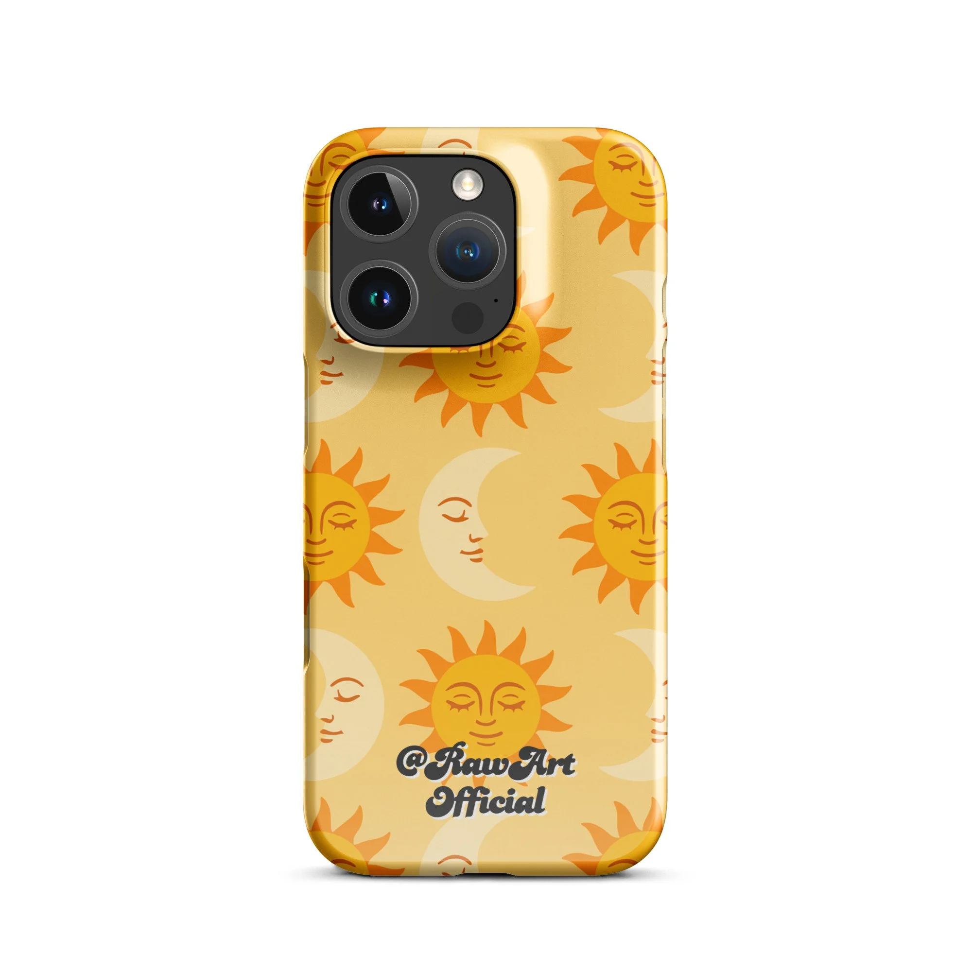 Golden iPhone case with retro sun and moon pattern, celestial design.