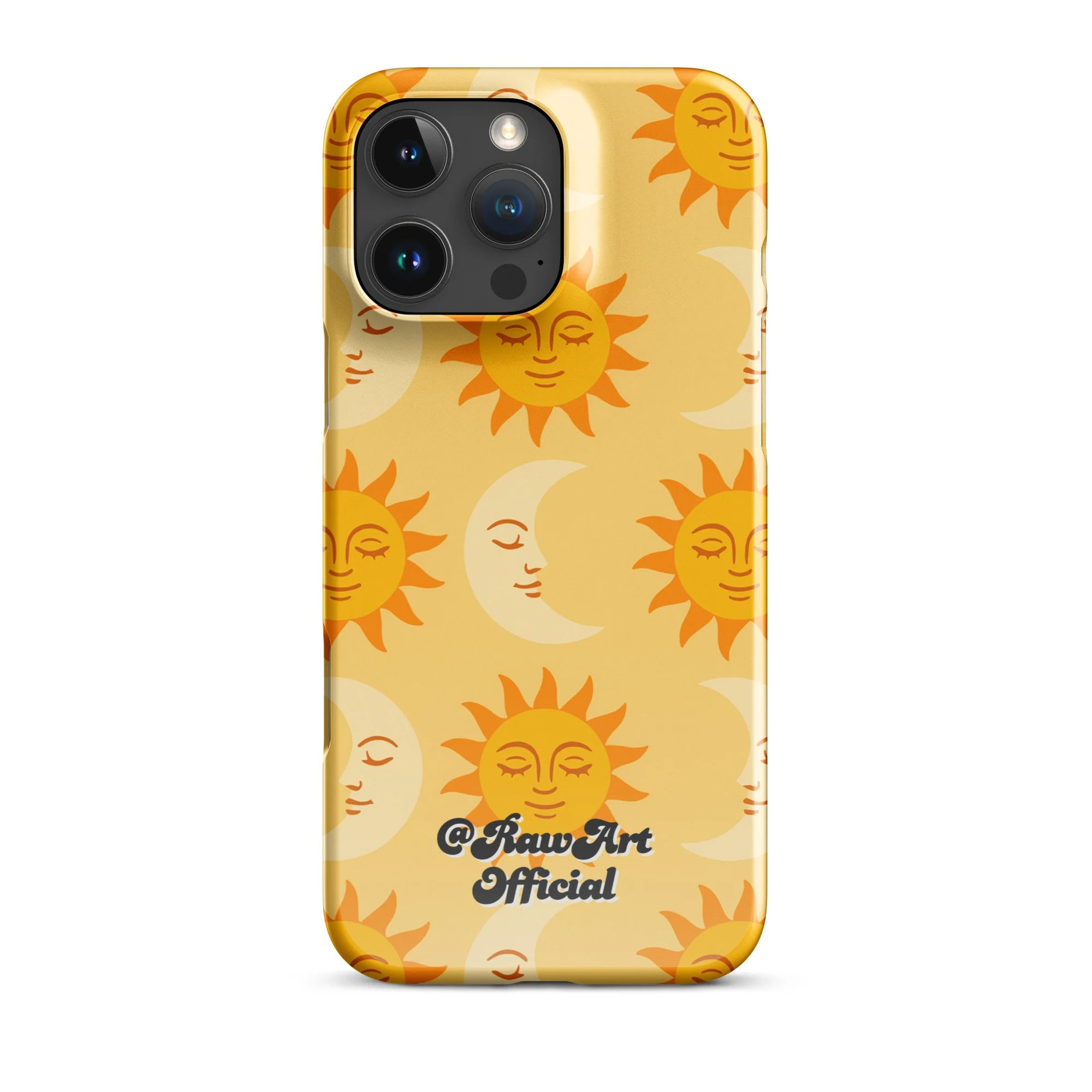Golden iPhone case with retro sun and moon pattern, celestial design.