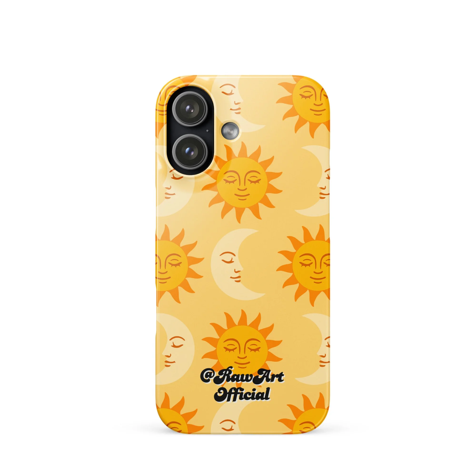 Golden iPhone case with retro sun and moon pattern, celestial design.