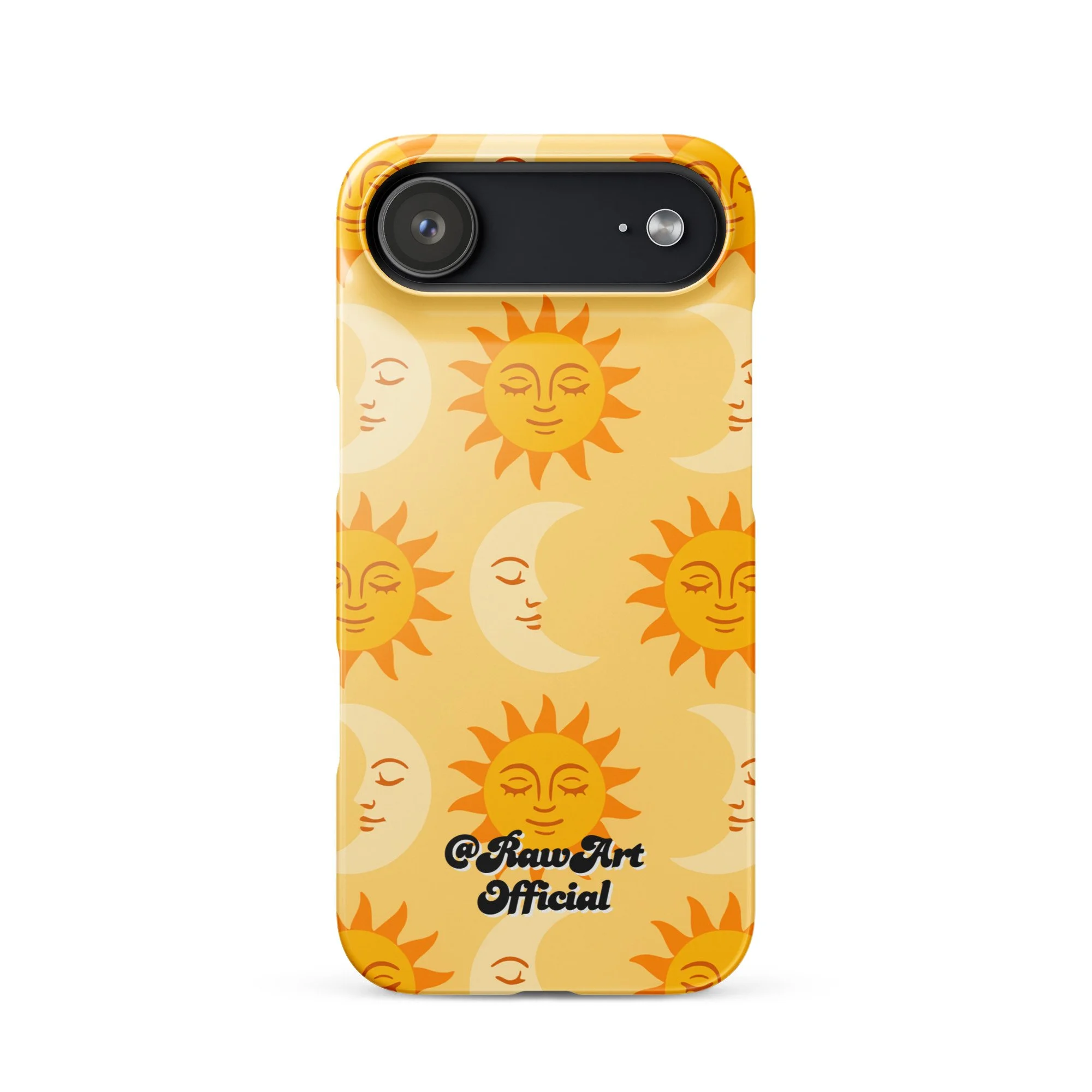 Golden iPhone case with retro sun and moon pattern, celestial design.
