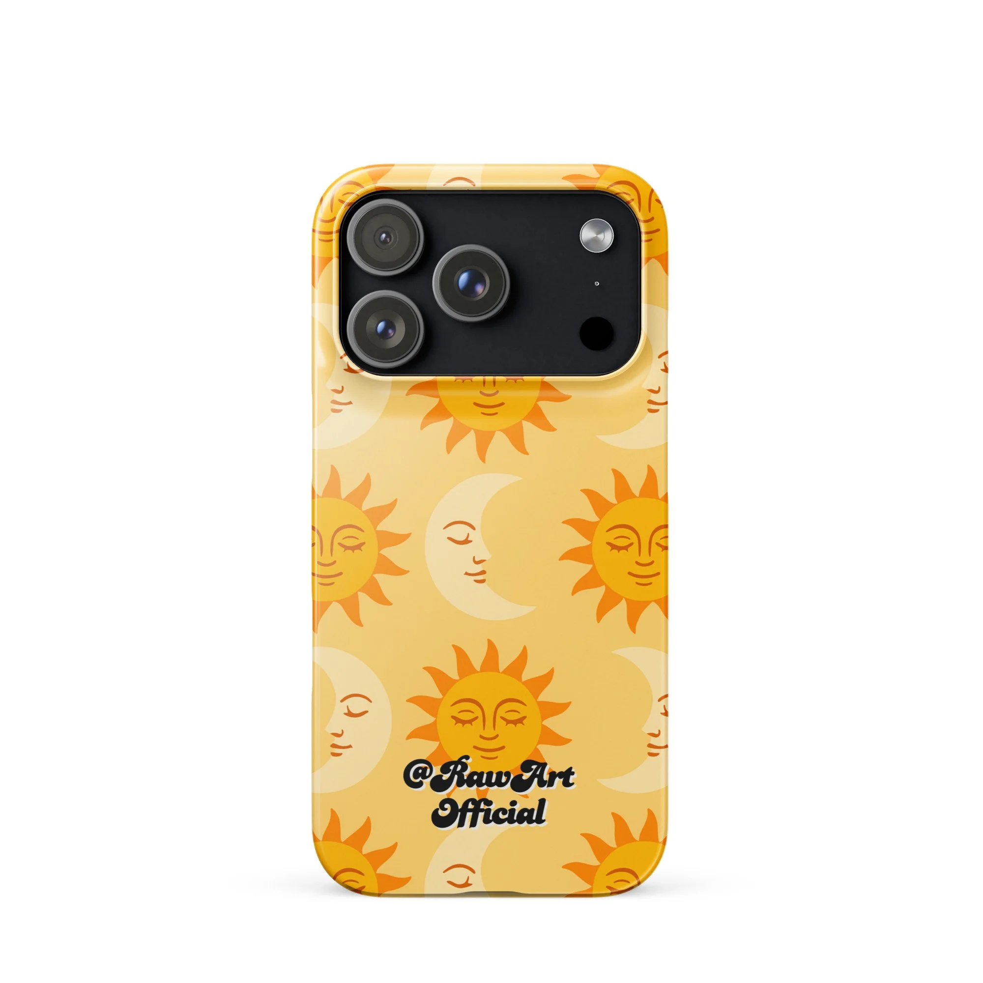 Golden iPhone case with retro sun and moon pattern, celestial design.