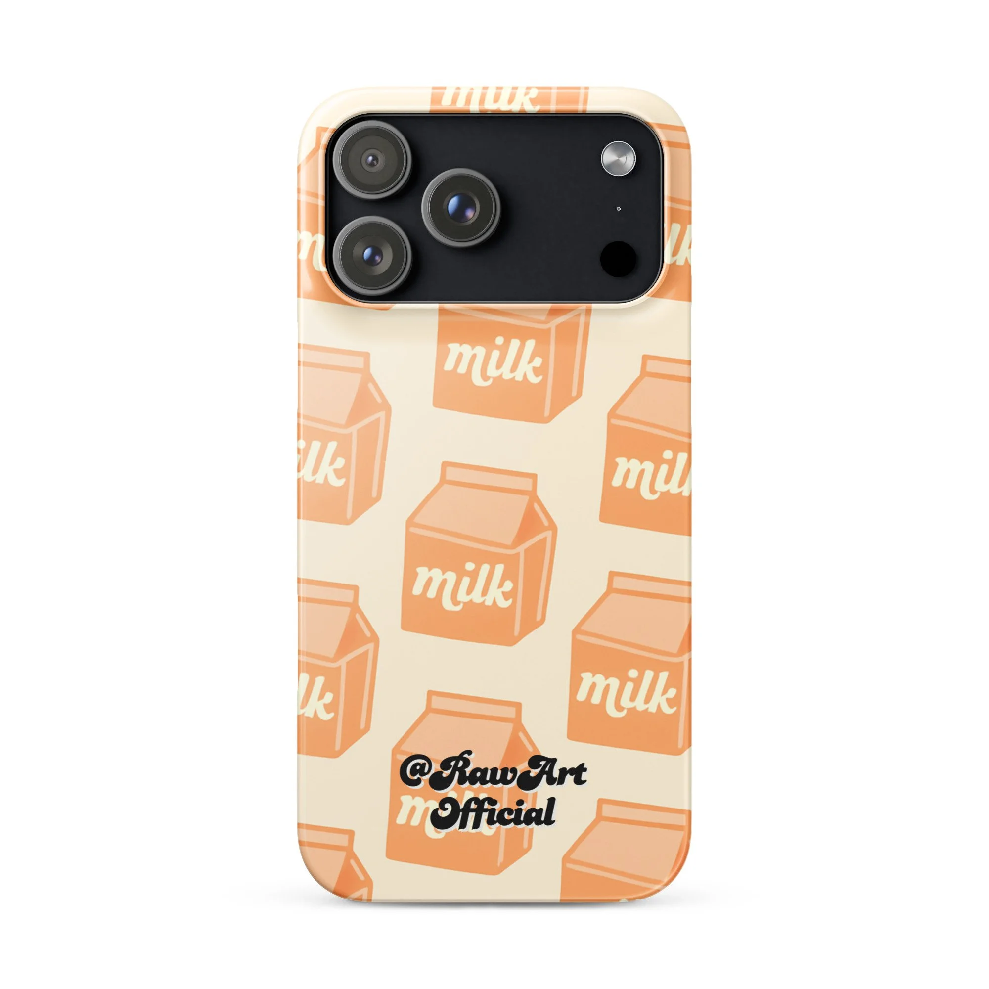 Beige iPhone case with orange milk carton pattern, retro food design.