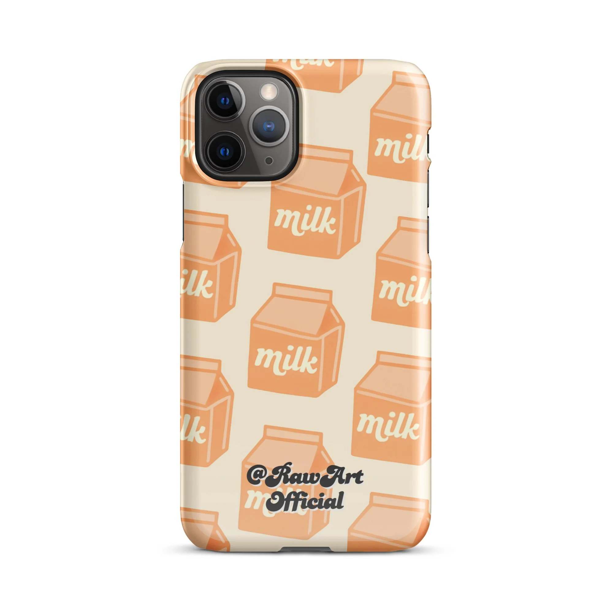 Beige iPhone case with orange milk carton pattern, retro food design.