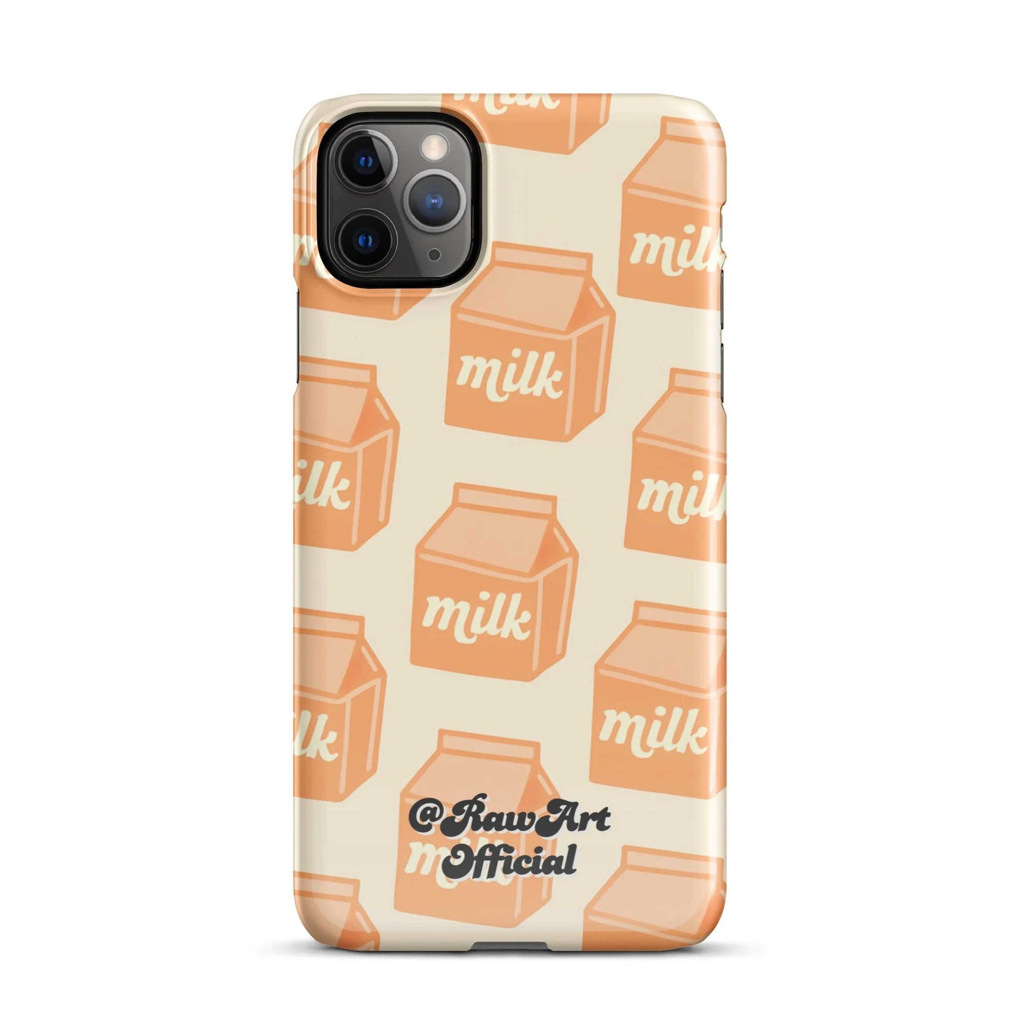 Beige iPhone case with orange milk carton pattern, retro food design.