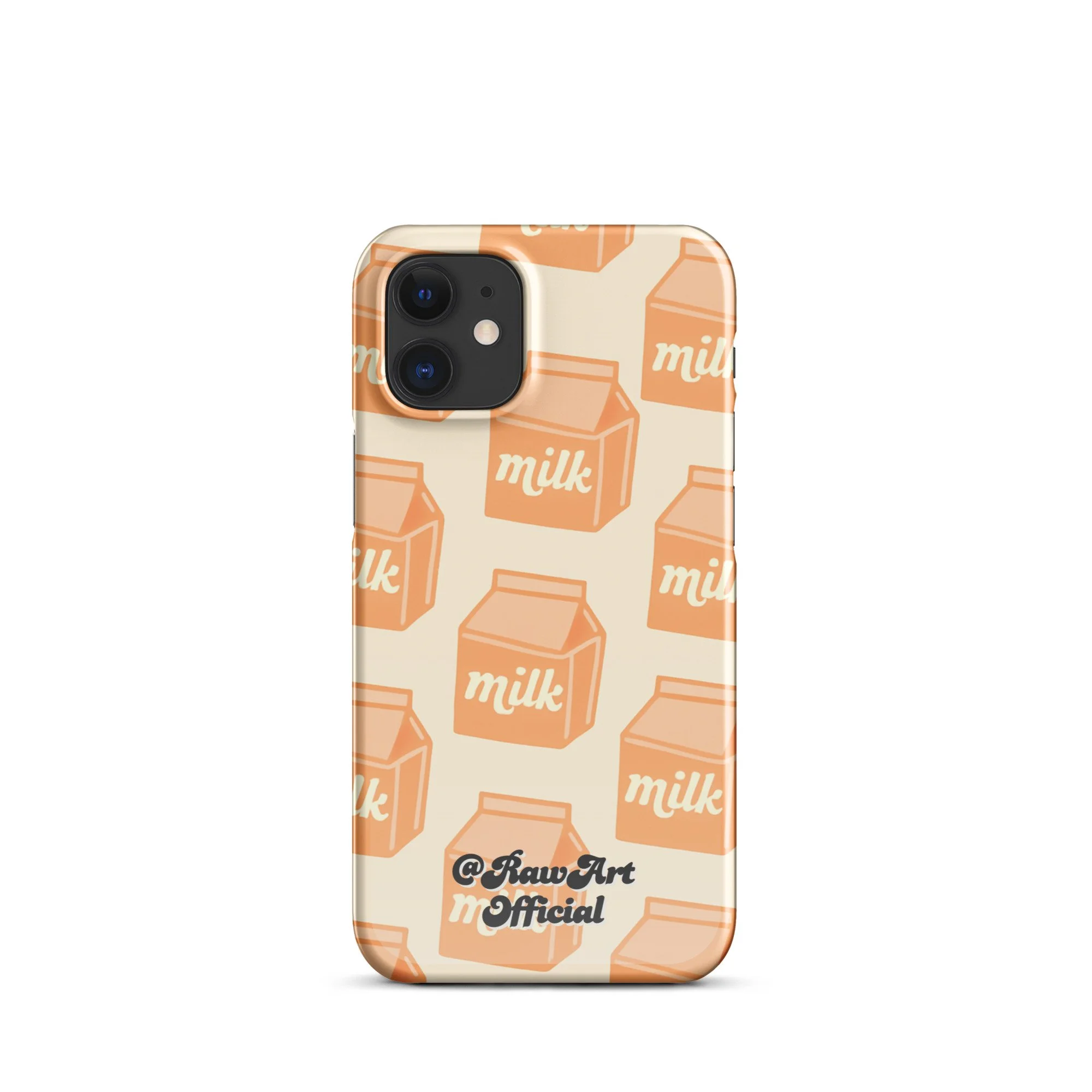 Beige iPhone case with orange milk carton pattern, retro food design.
