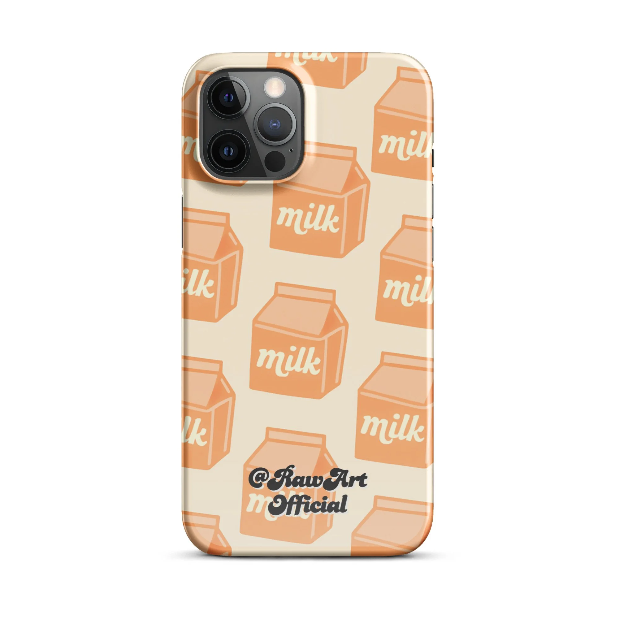 Beige iPhone case with orange milk carton pattern, retro food design.