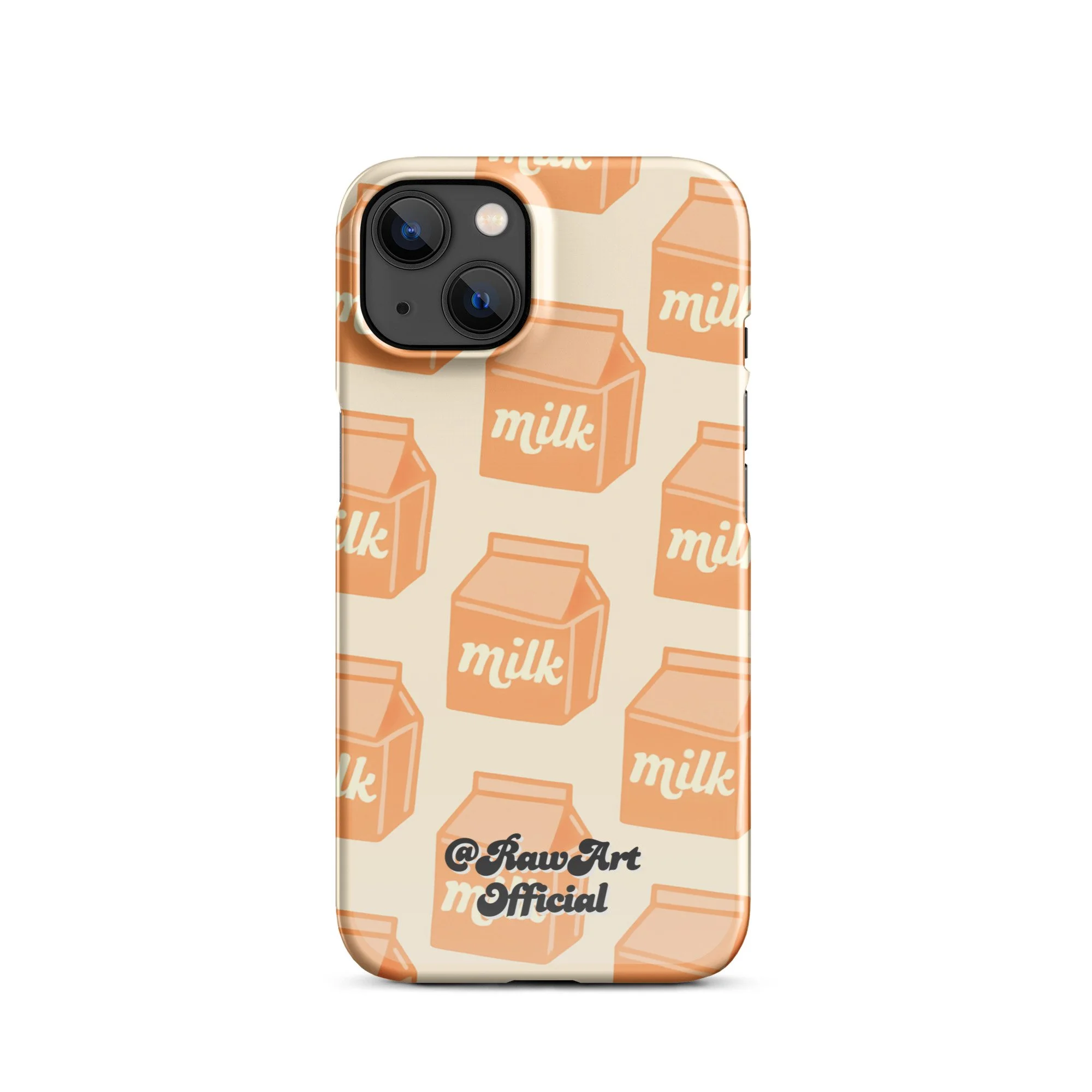 Beige iPhone case with orange milk carton pattern, retro food design.