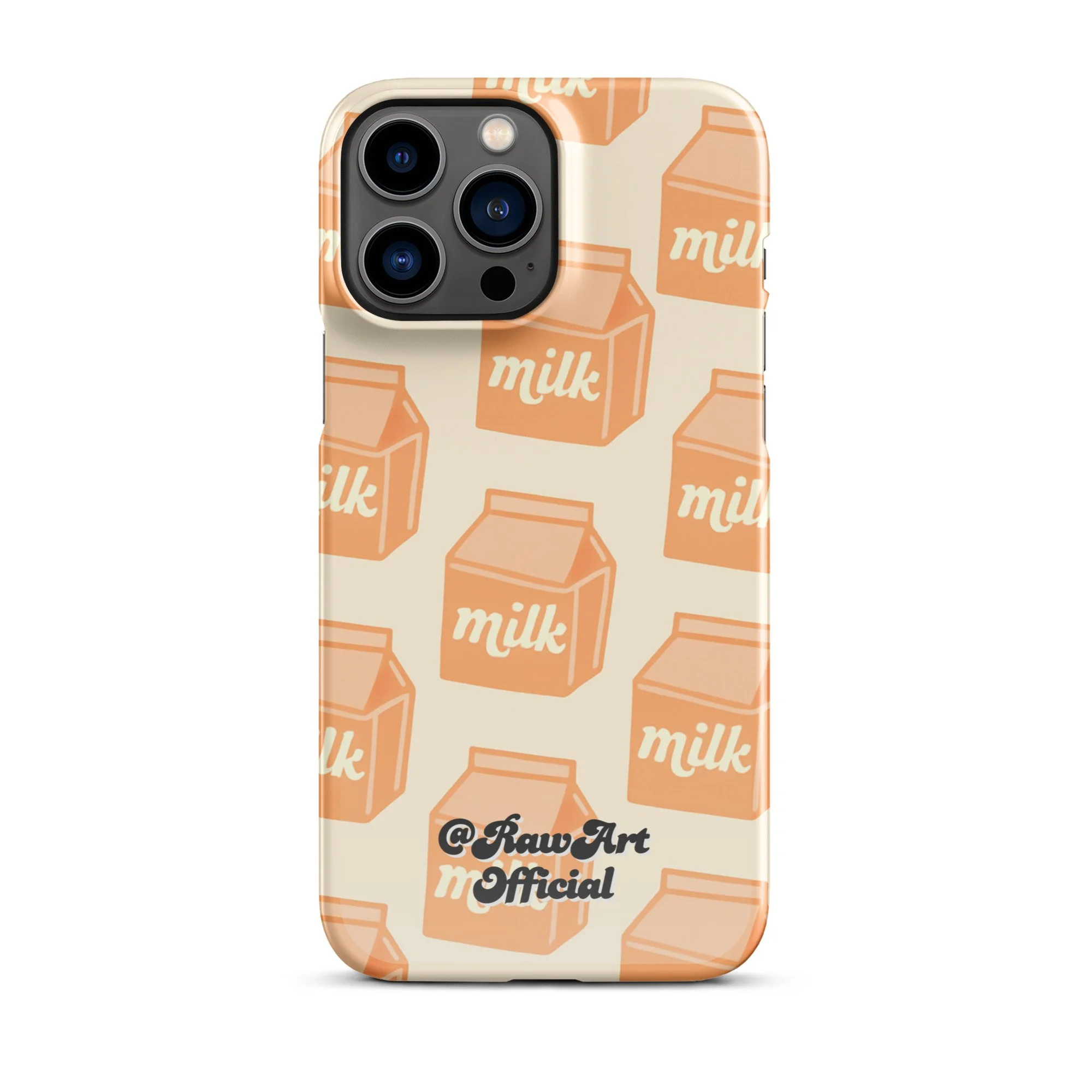 Beige iPhone case with orange milk carton pattern, retro food design.