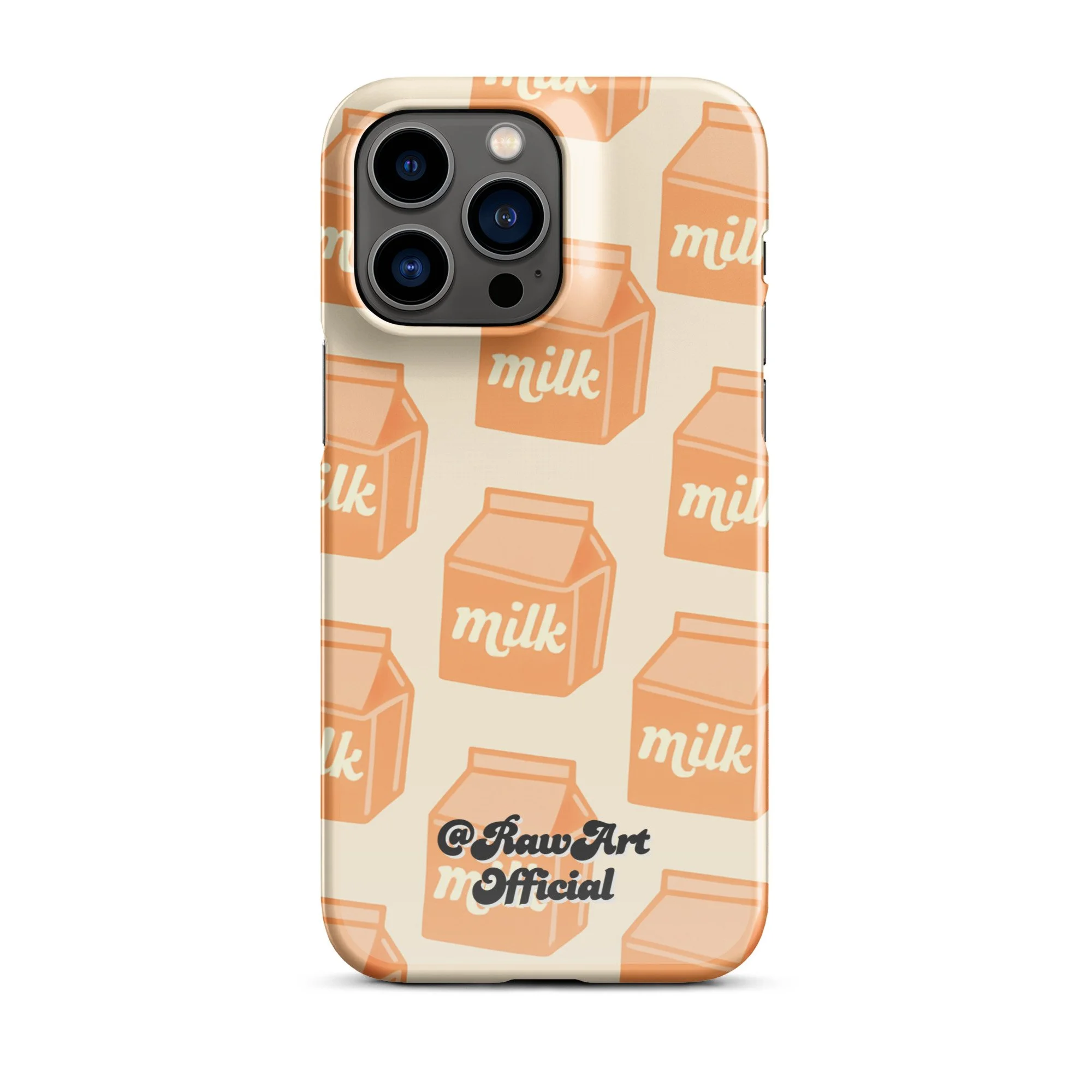 Beige iPhone case with orange milk carton pattern, retro food design.