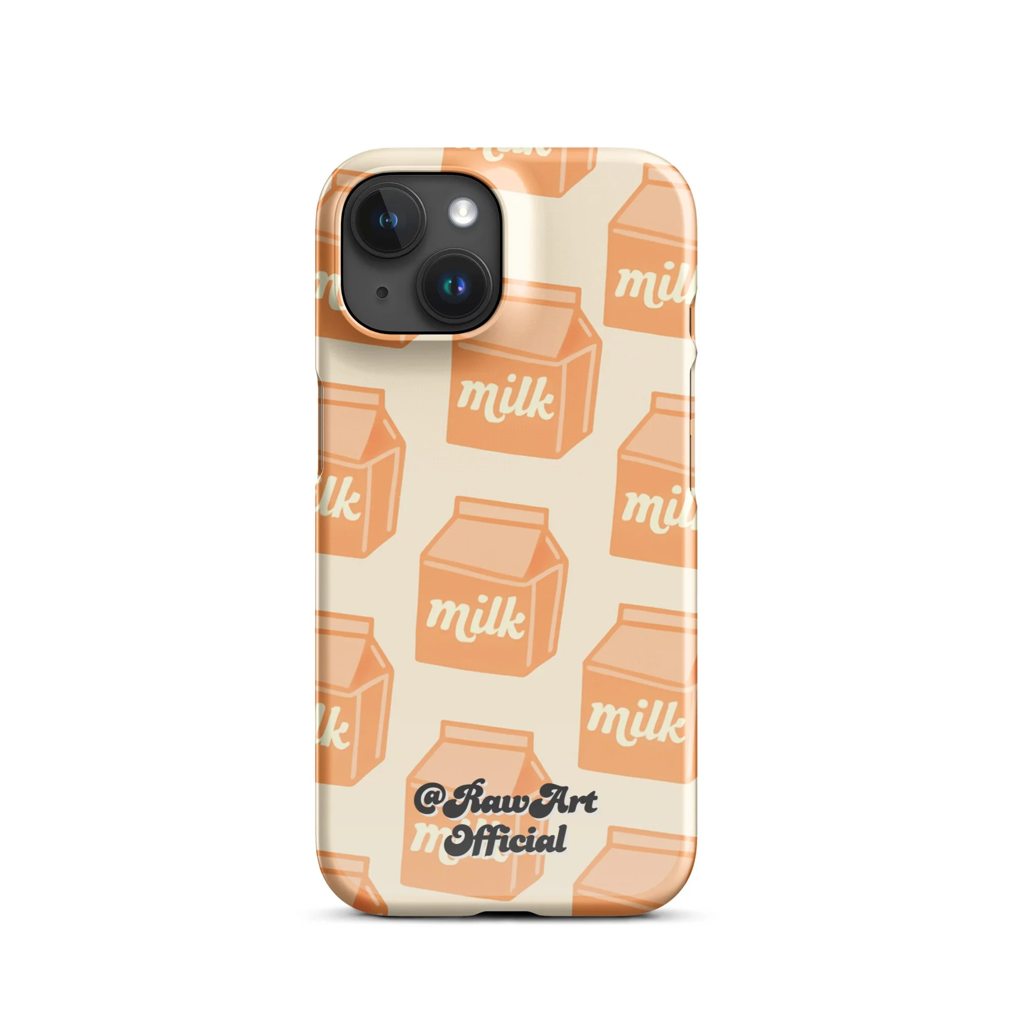 Beige iPhone case with orange milk carton pattern, retro food design.