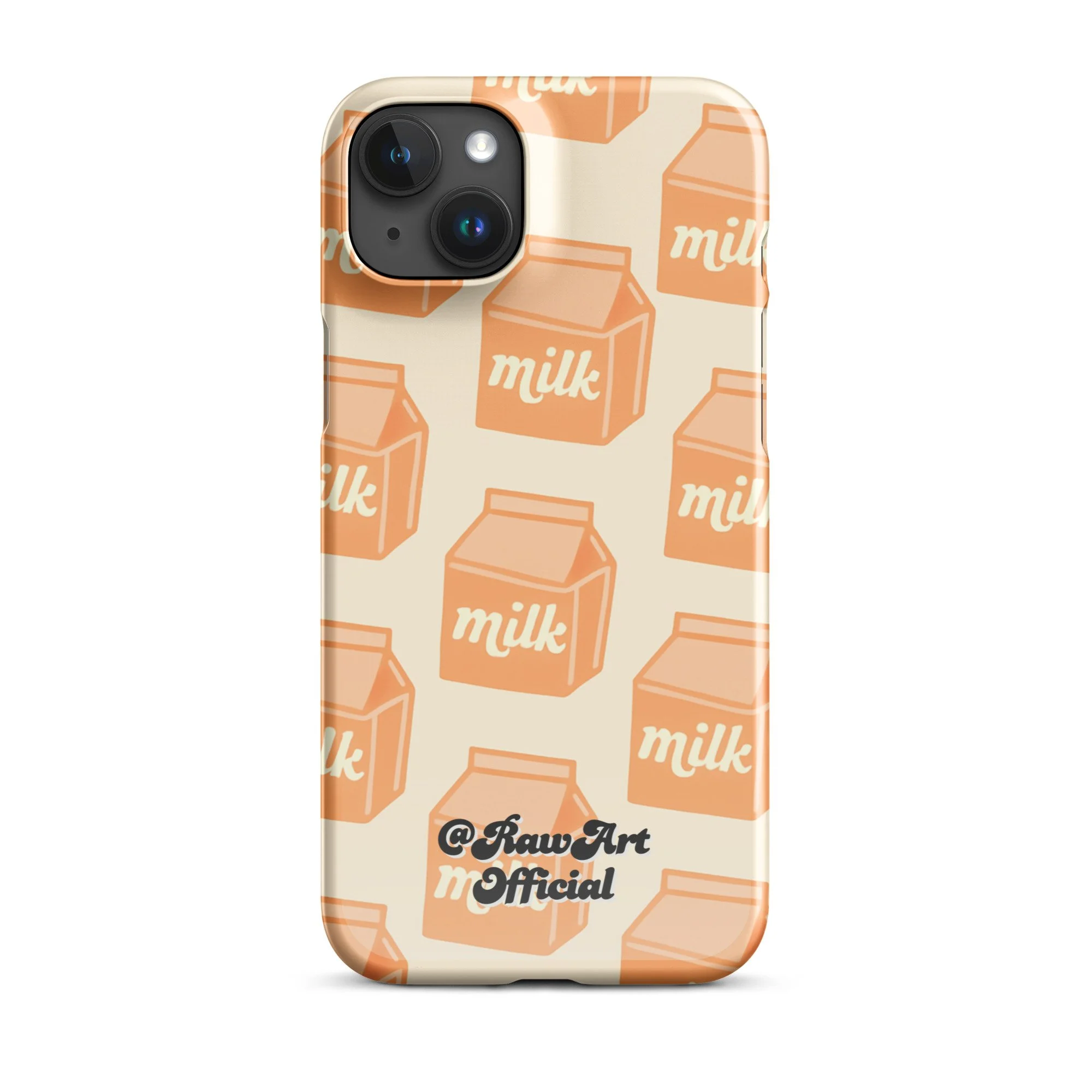 Beige iPhone case with orange milk carton pattern, retro food design.