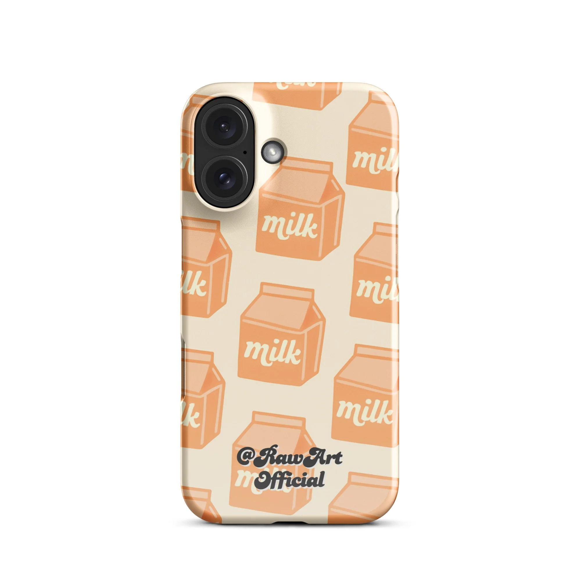 Beige iPhone case with orange milk carton pattern, retro food design.