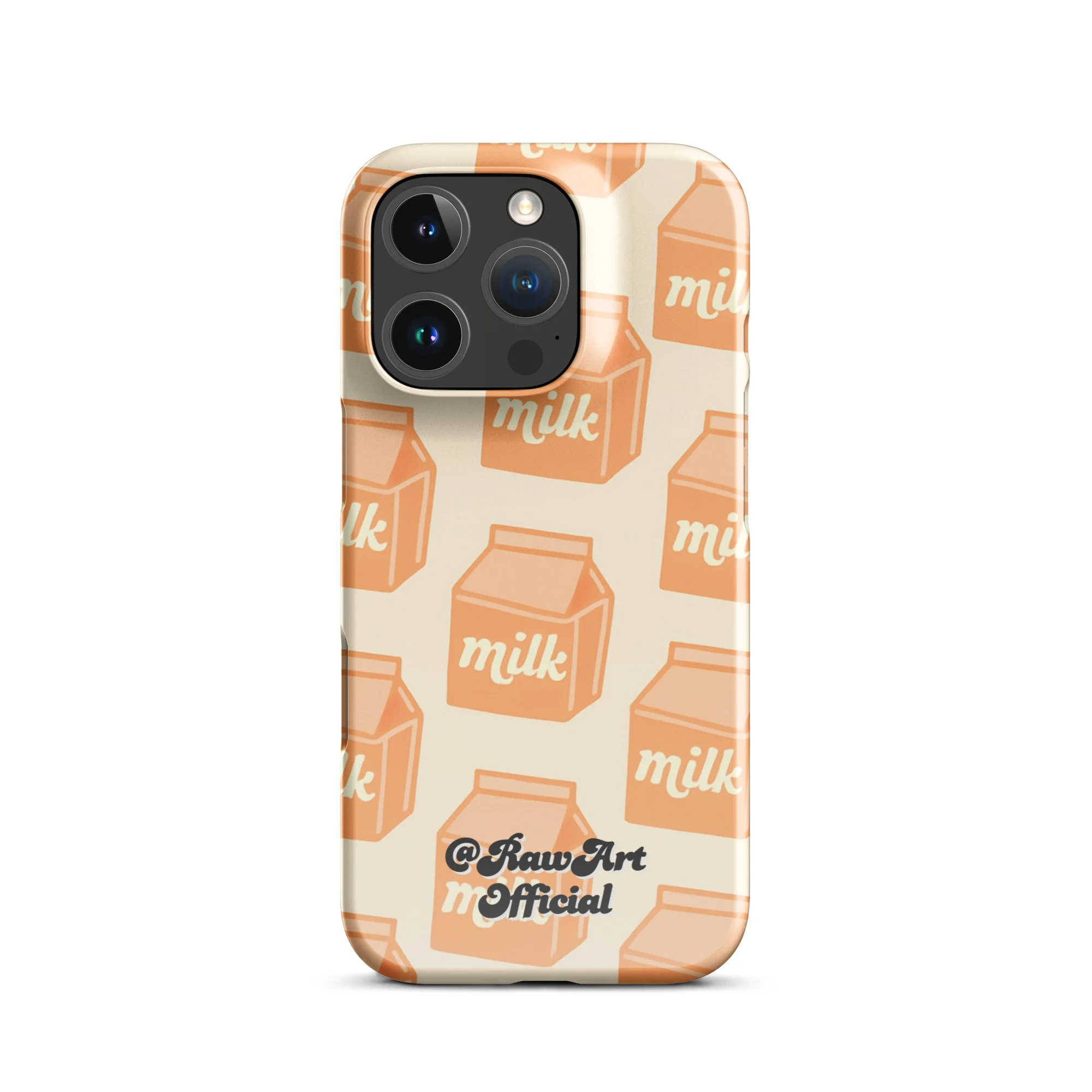 Beige iPhone case with orange milk carton pattern, retro food design.