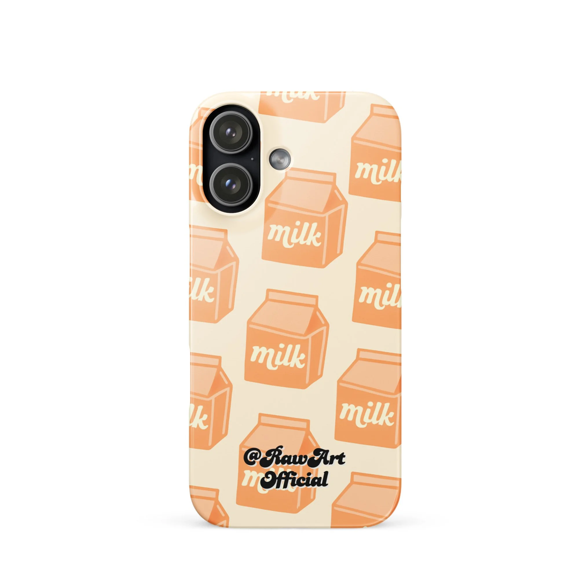 Beige iPhone case with orange milk carton pattern, retro food design.