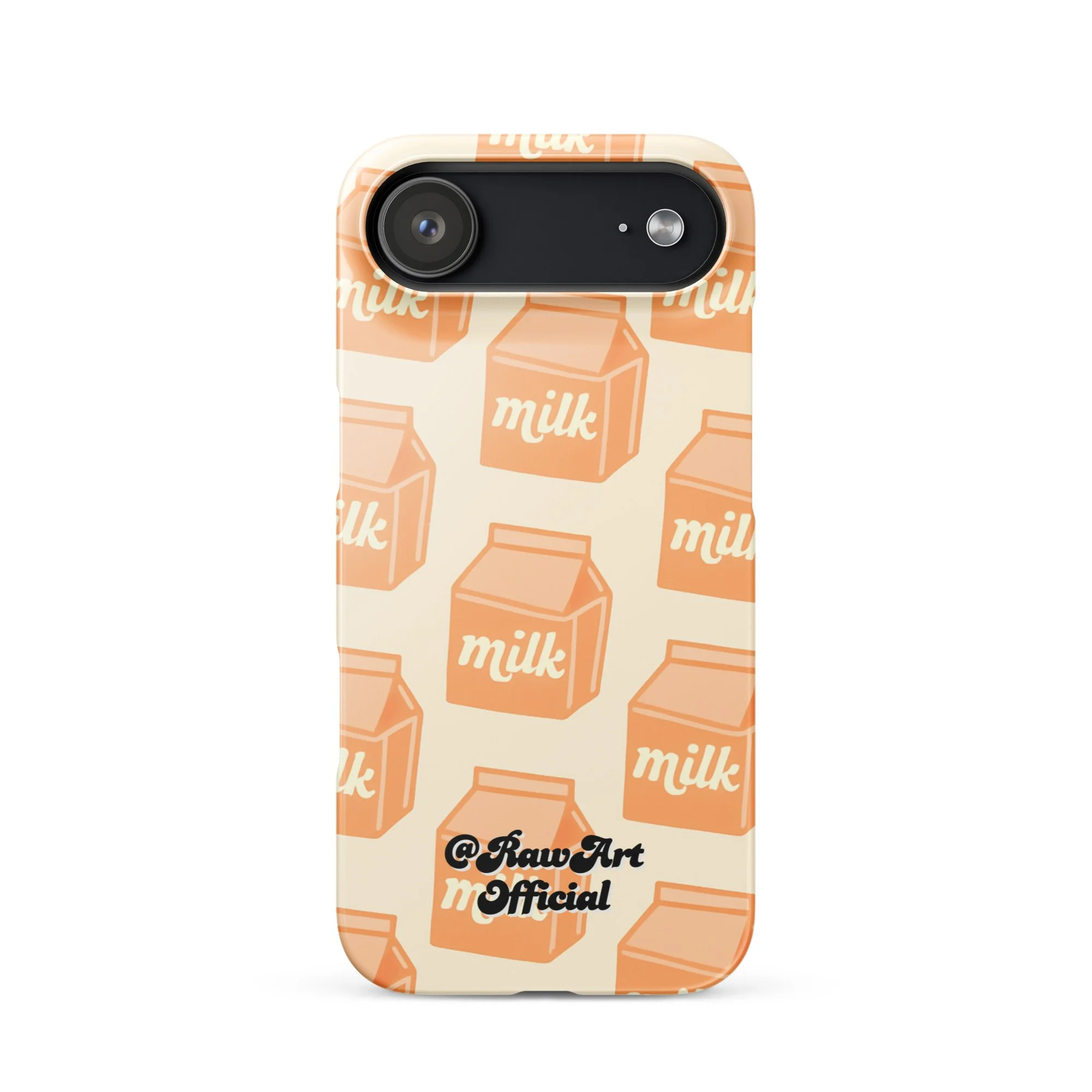 Beige iPhone case with orange milk carton pattern, retro food design.