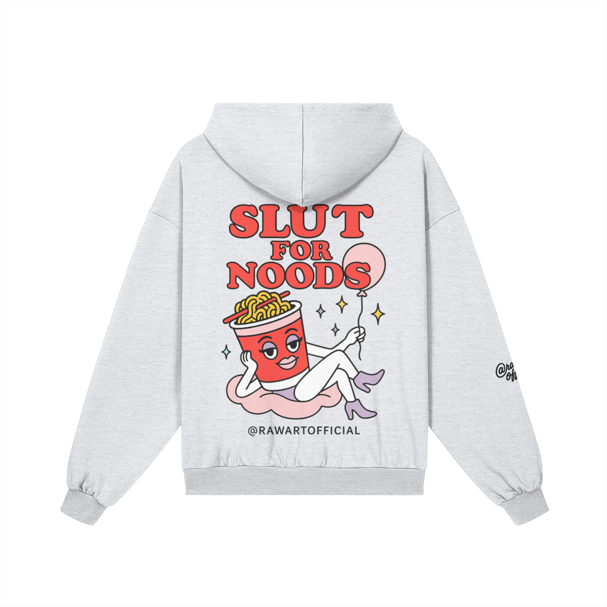 Retro noodle cup cartoon hoodie with cheeky “Slut For Noods” text, fun streetwear