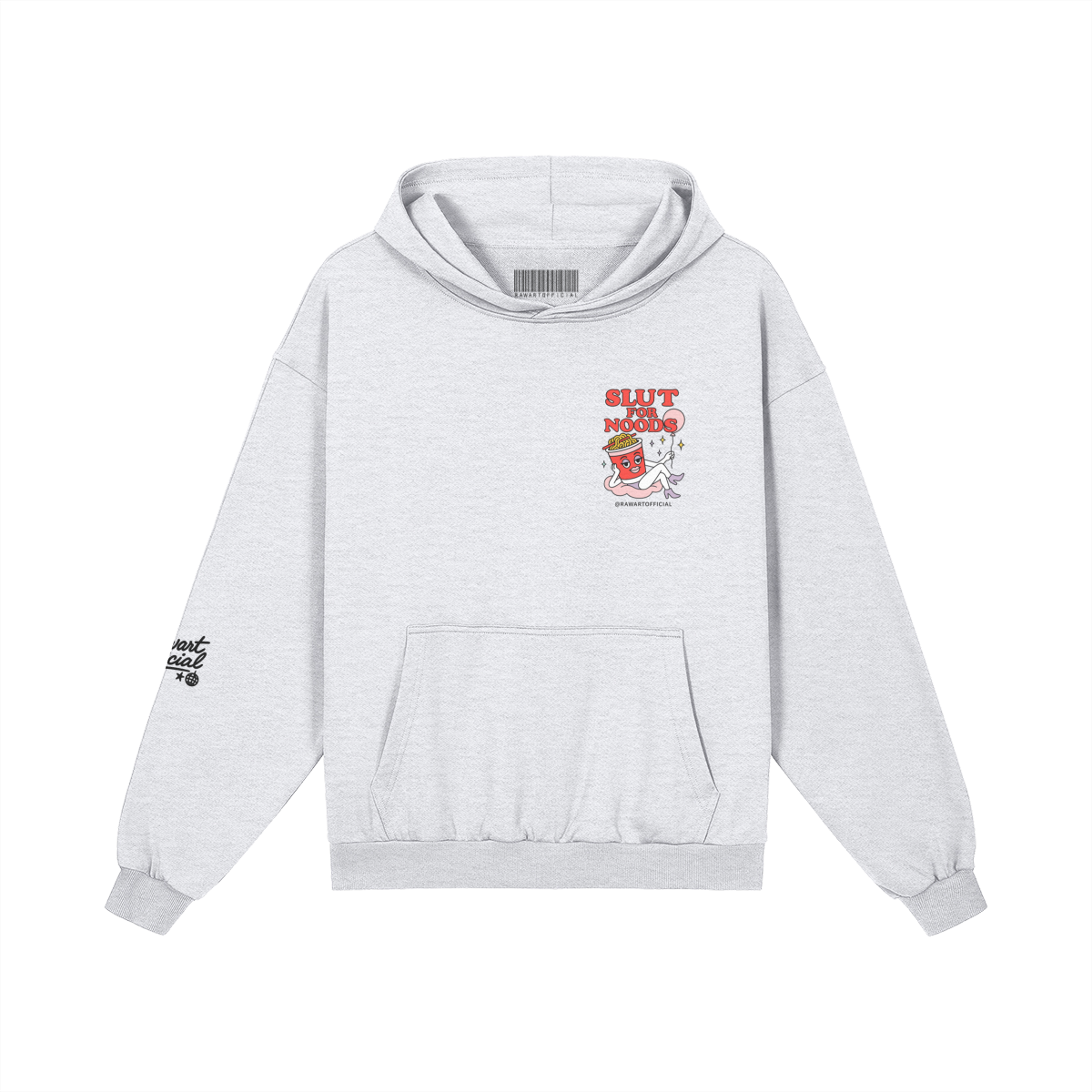 Retro noodle cup cartoon hoodie with cheeky “Slut For Noods” text, fun streetwear