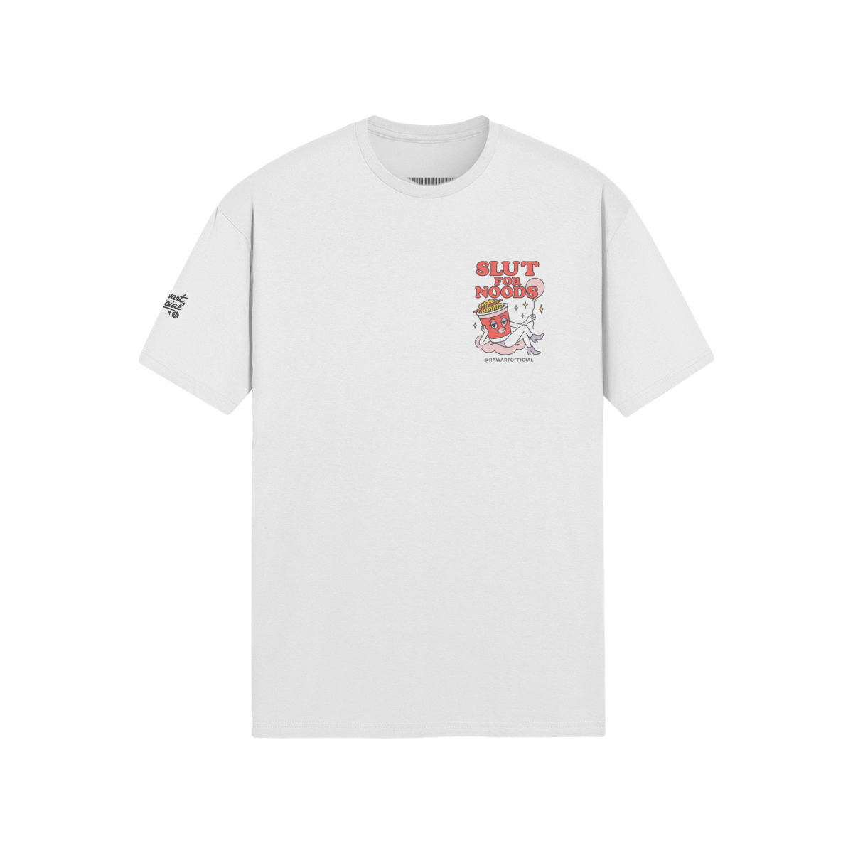 Retro noodle cup cartoon tee with “Slut for Noods” slogan, playful streetwear vibe