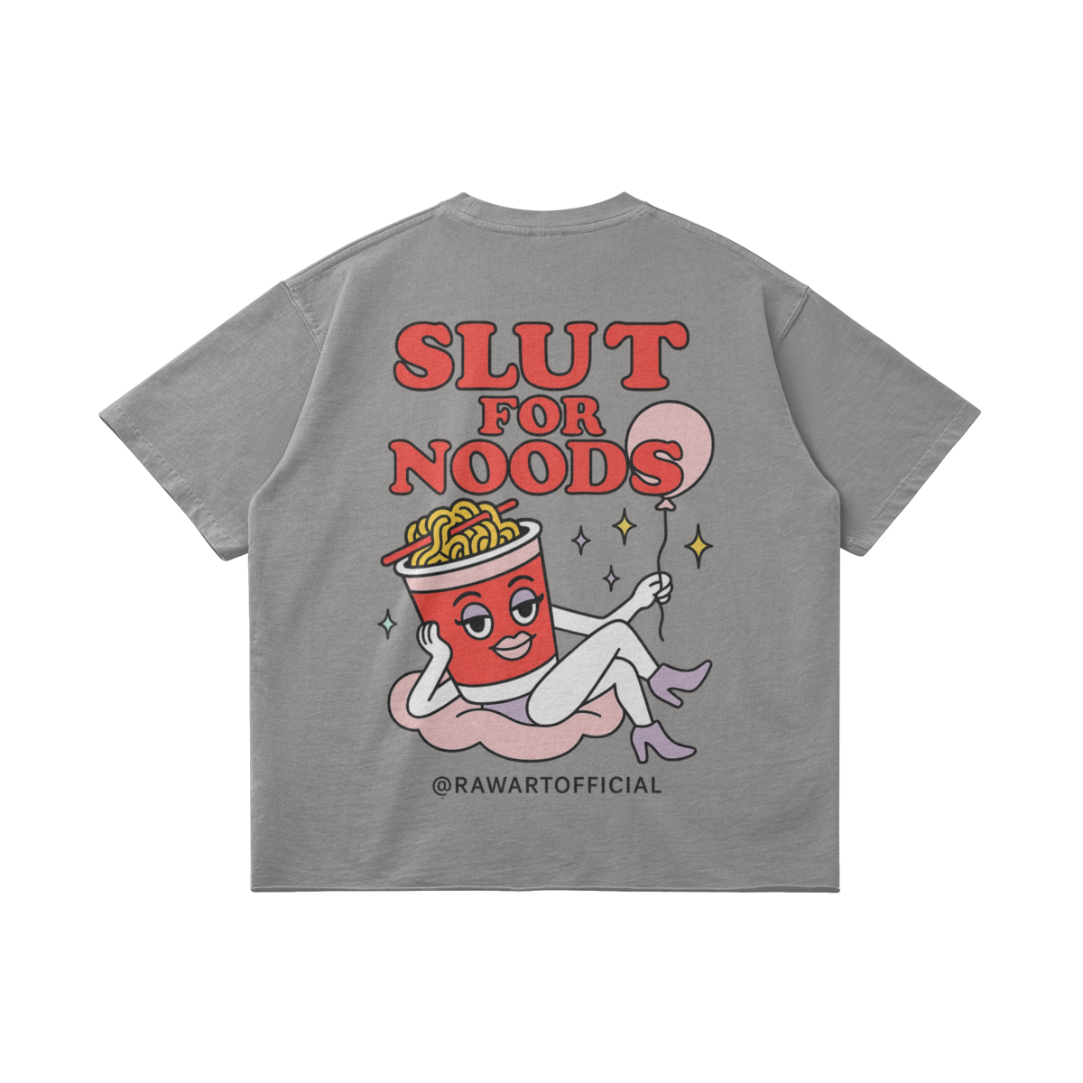 Vintage oversized tee with Slut for Noods cartoon and raw hem streetwear style