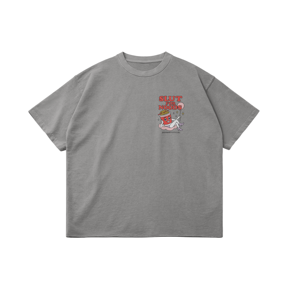 Vintage oversized tee with Slut for Noods cartoon and raw hem streetwear style
