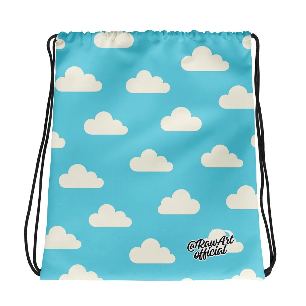Blue cloud print drawstring bag with retro Y2K aesthetic