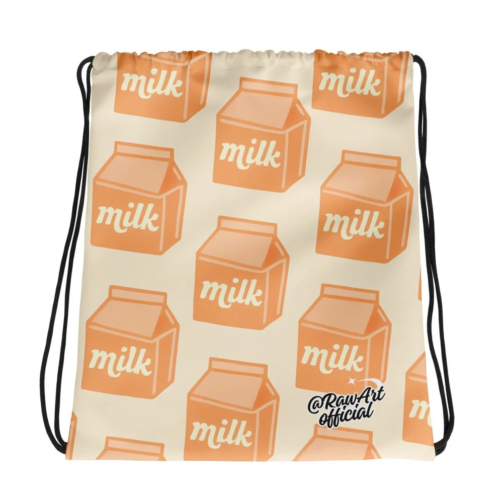 Retro milk carton print drawstring bag with Y2K cheeky aesthetic