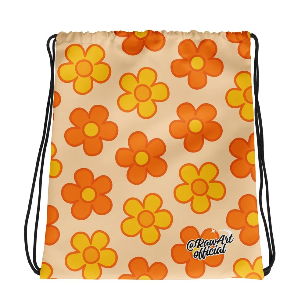 Orange retro flower print drawstring bag with groovy Y2K vibes