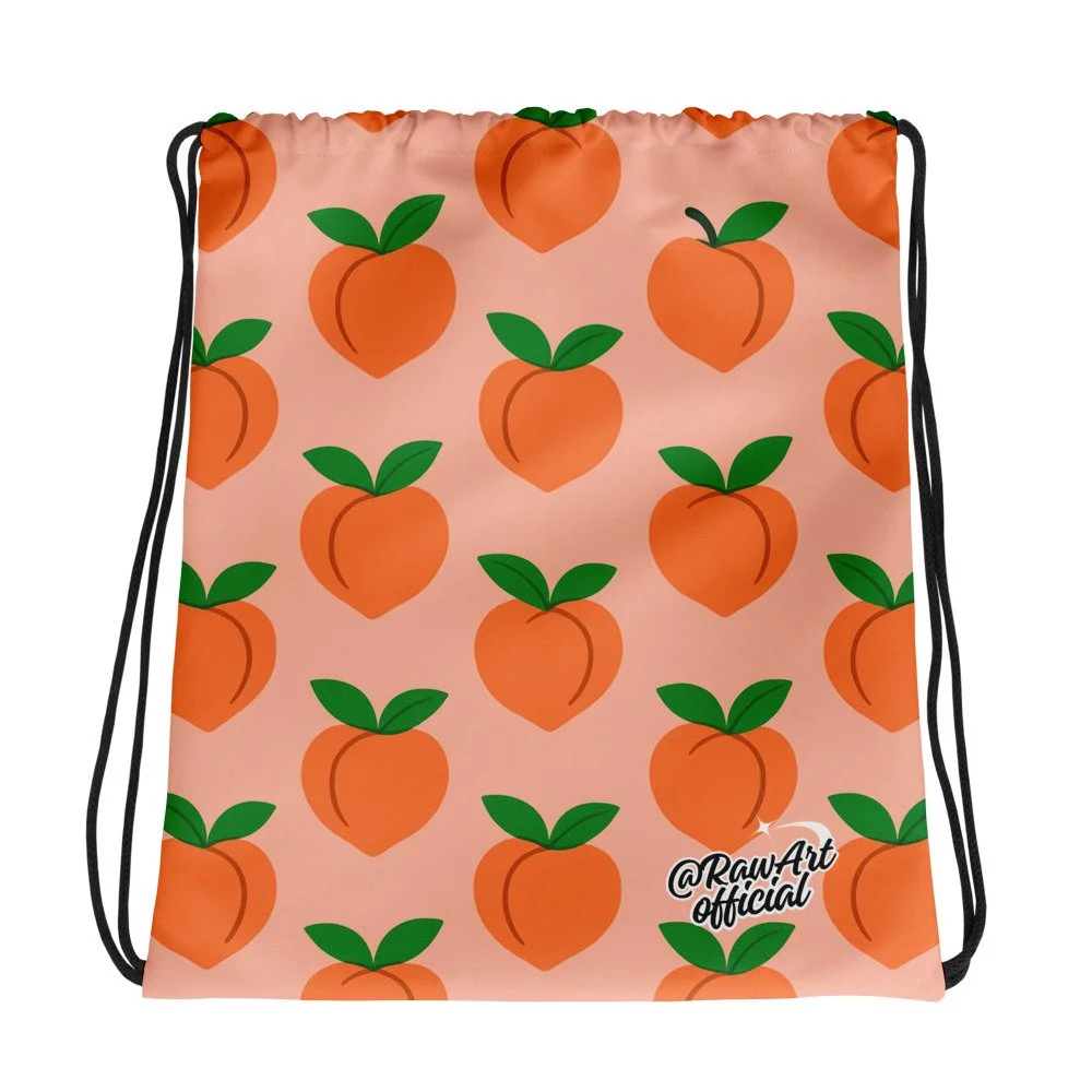 Peach print drawstring bag with playful retro fruity vibe