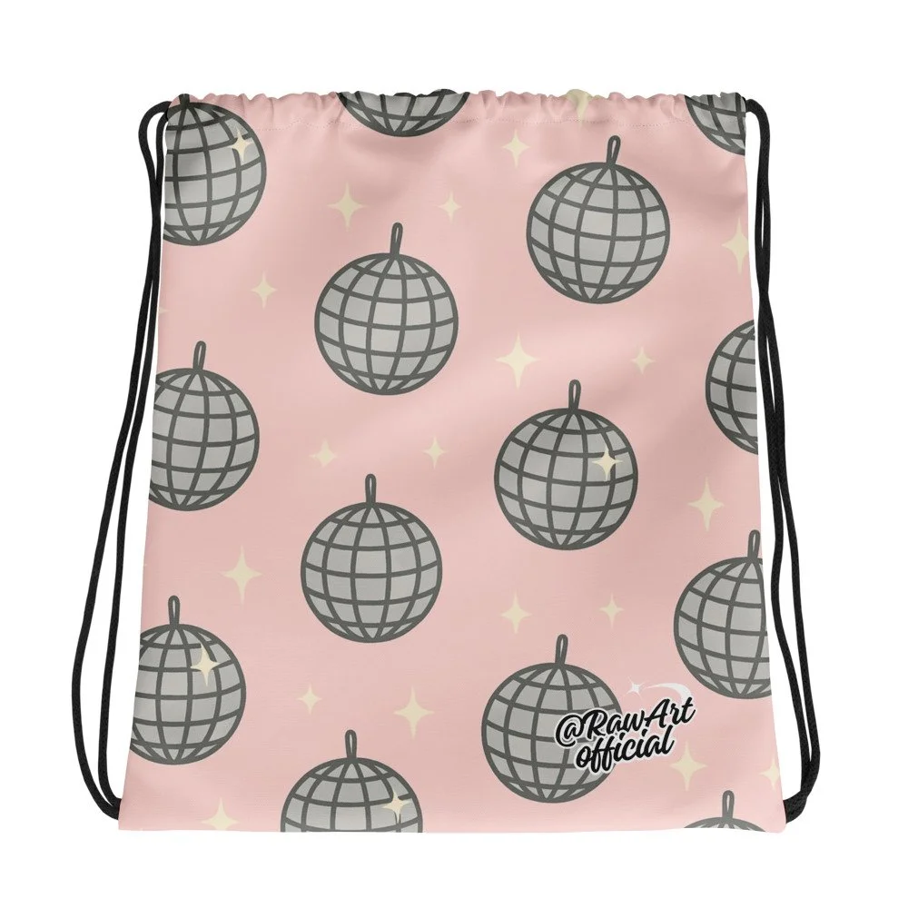 🖼️ Squarespace Alt Text (under 100 characters): Pink disco ball print drawstring bag with retro sparkle party vibe