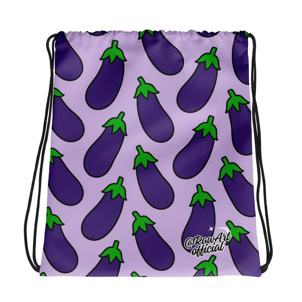 Purple eggplant print drawstring bag with cheeky Y2K retro vibe