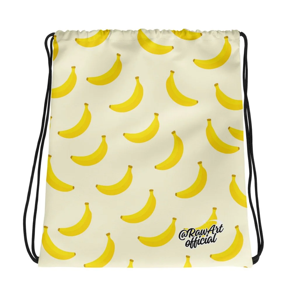 Banana print drawstring bag with retro fruit pattern and playful Y2K vibes